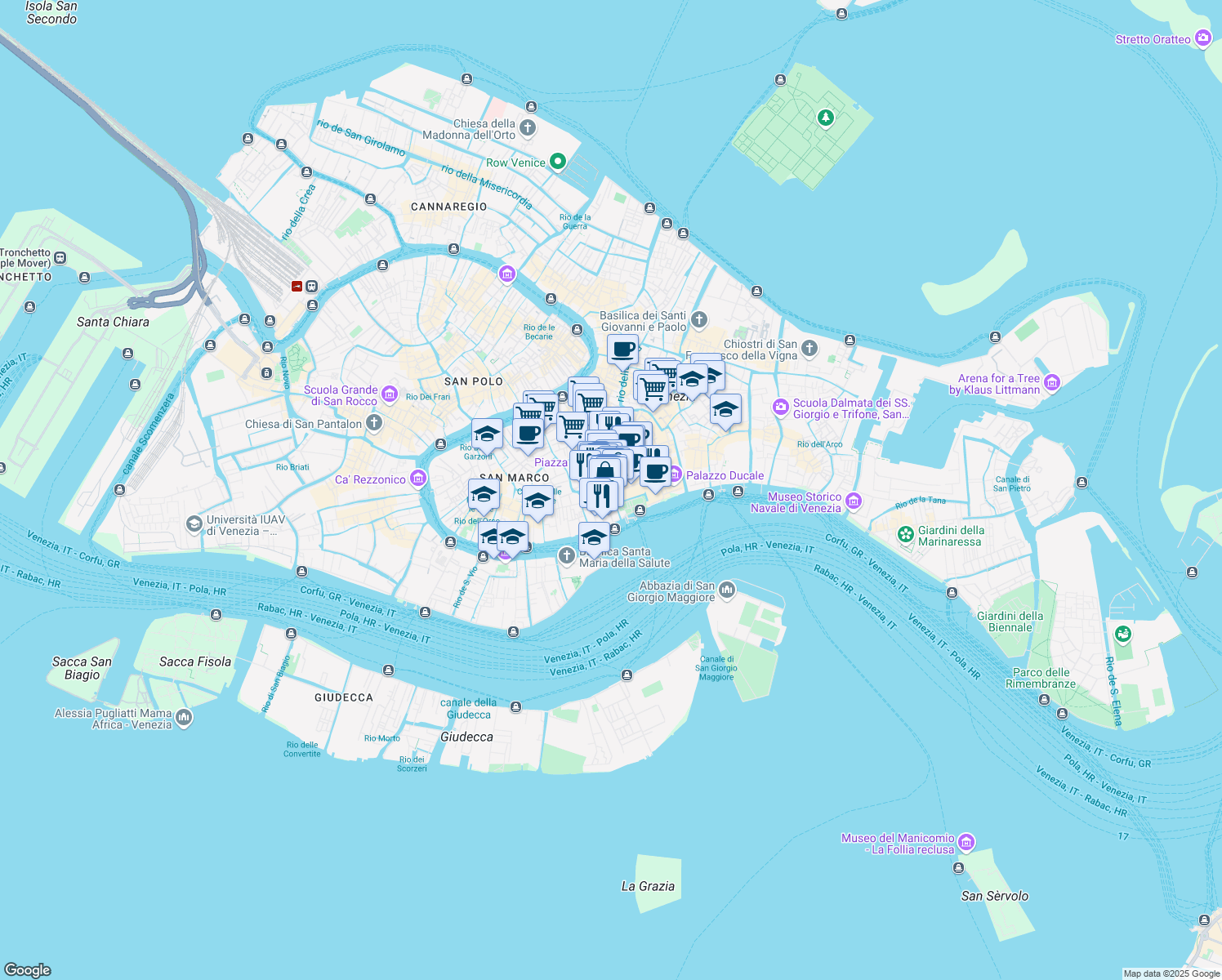 map of restaurants, bars, coffee shops, grocery stores, and more near Calle Larga Ascensione in Venice
