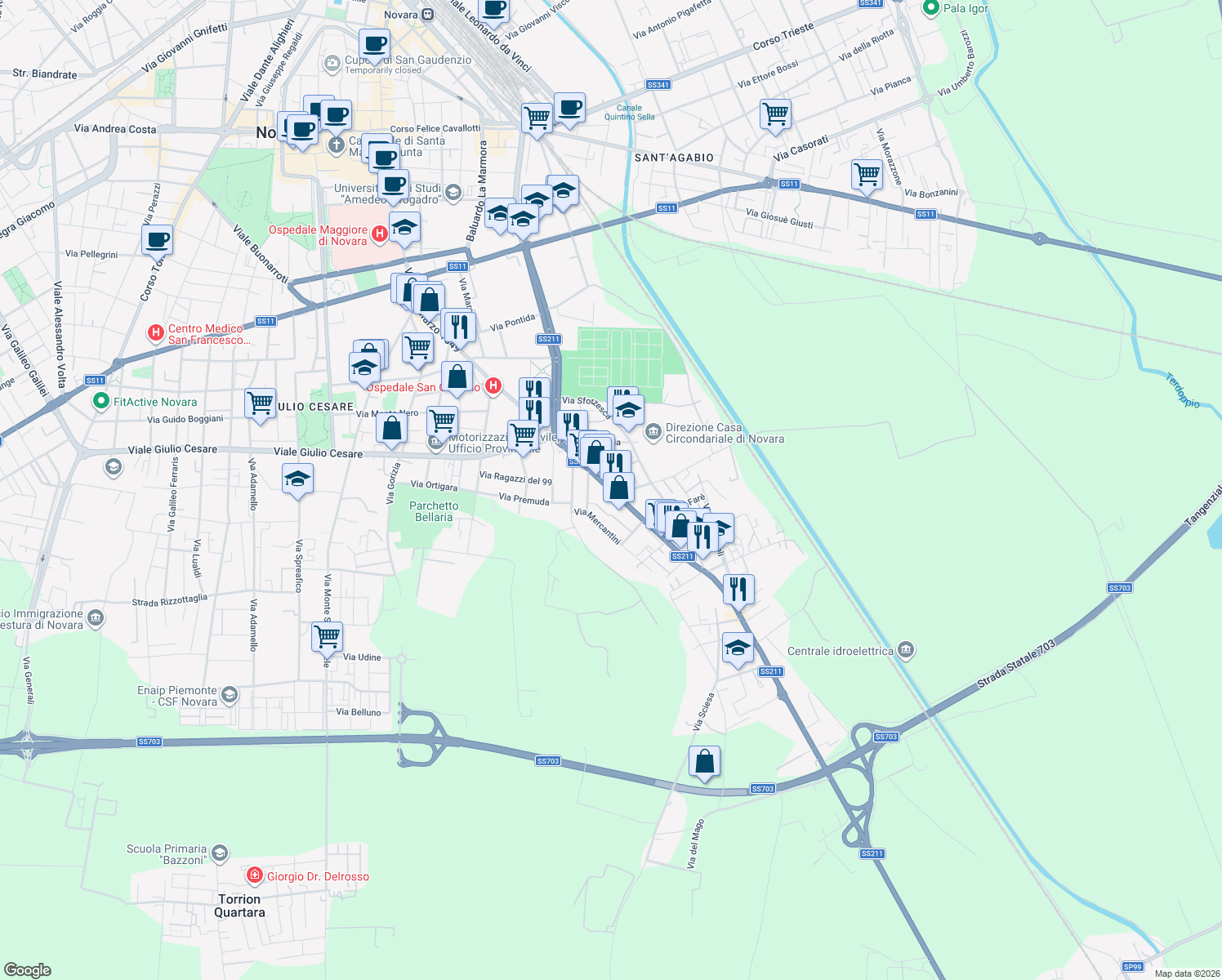 map of restaurants, bars, coffee shops, grocery stores, and more near 216 Corso XXIII Marzo in Novara