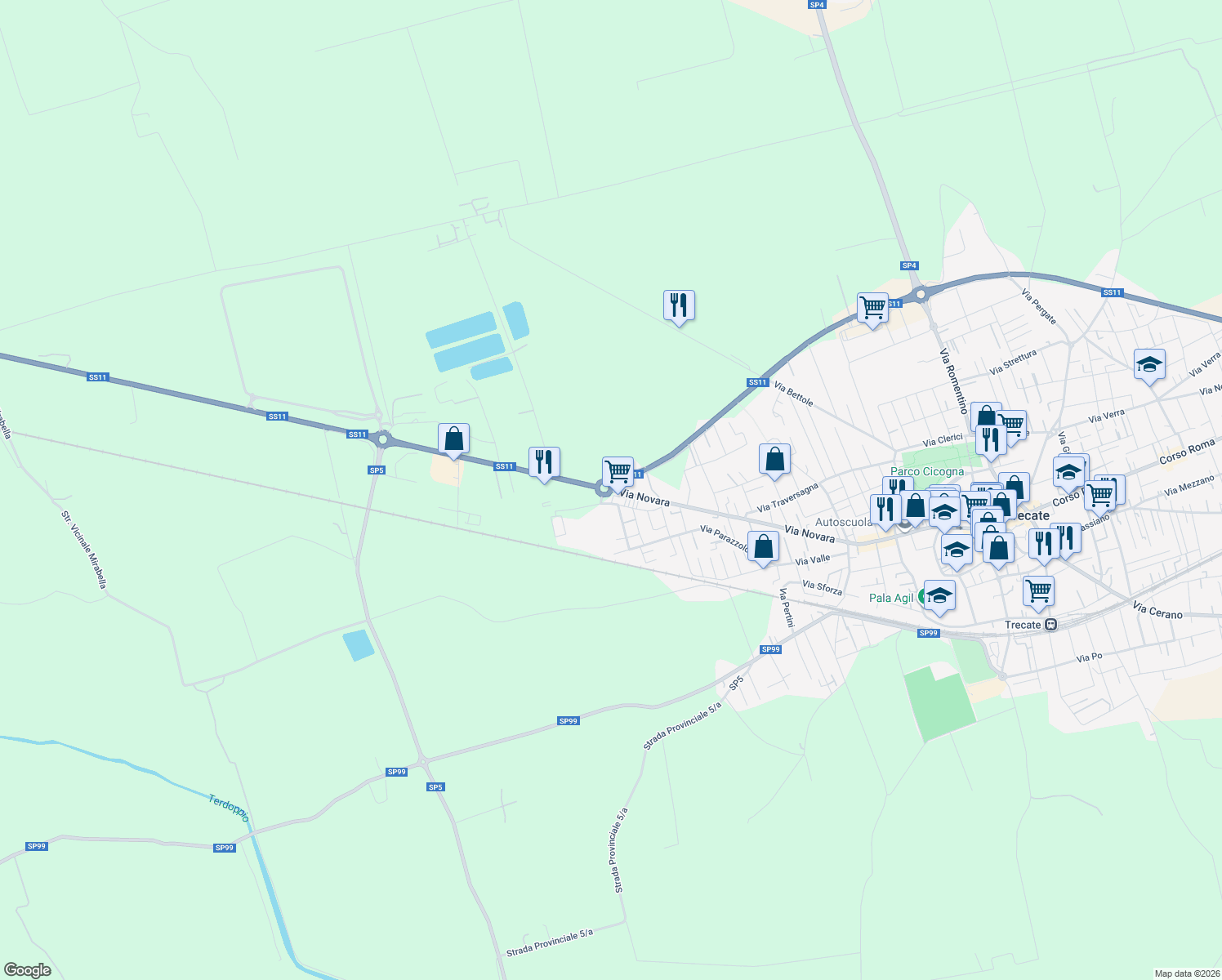 map of restaurants, bars, coffee shops, grocery stores, and more near Via Novara in Trecate