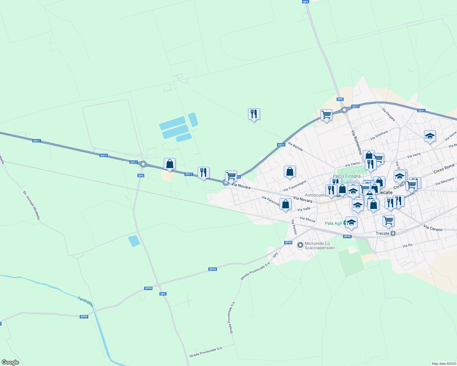 map of restaurants, bars, coffee shops, grocery stores, and more near Via Novara in Trecate