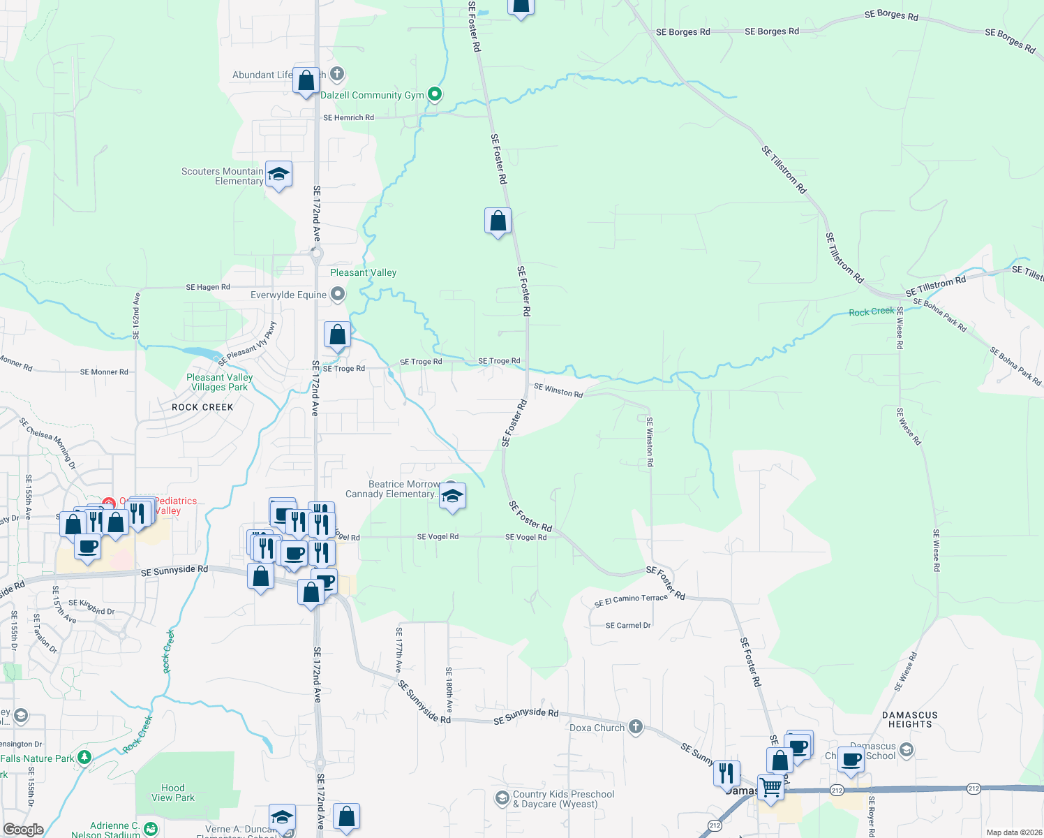map of restaurants, bars, coffee shops, grocery stores, and more near 20073 Southeast Foster Road in Damascus