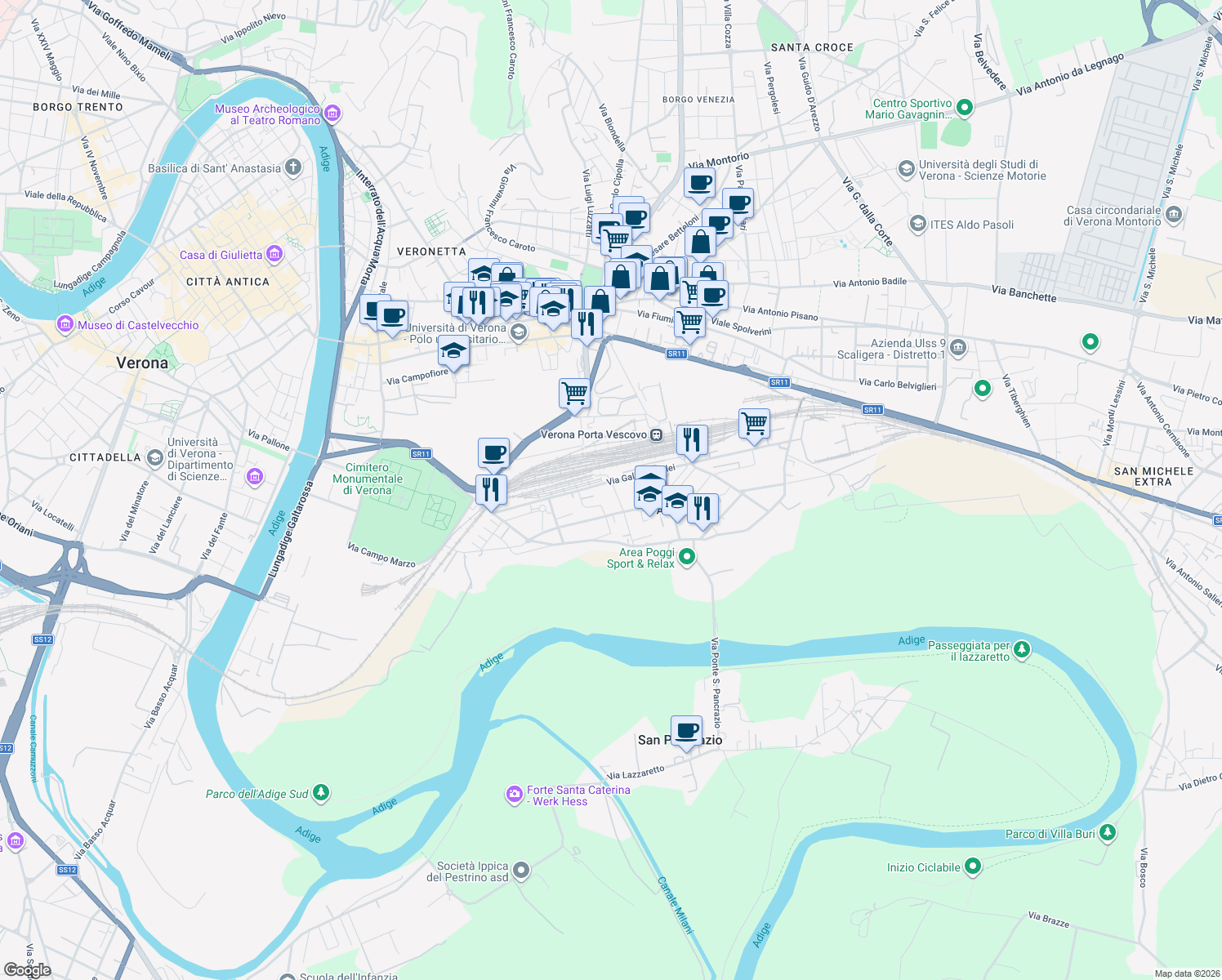map of restaurants, bars, coffee shops, grocery stores, and more near 2 Via Muro Lungo Campo Marzo in Verona