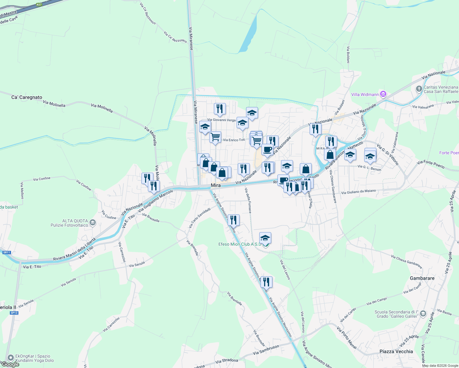 map of restaurants, bars, coffee shops, grocery stores, and more near 180 Via Nazionale in Mira