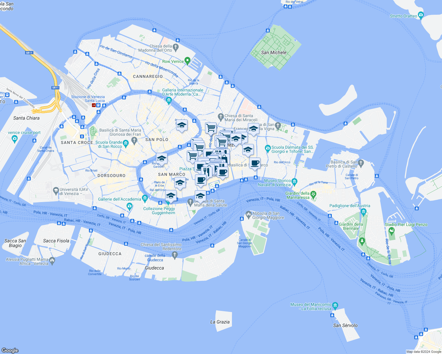 map of restaurants, bars, coffee shops, grocery stores, and more near 13 Piazza San Marco in Venice