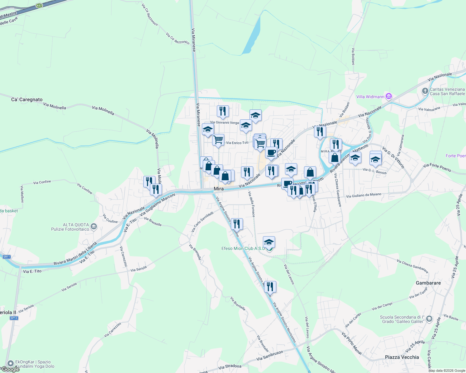 map of restaurants, bars, coffee shops, grocery stores, and more near 180 Via Nazionale in Mira