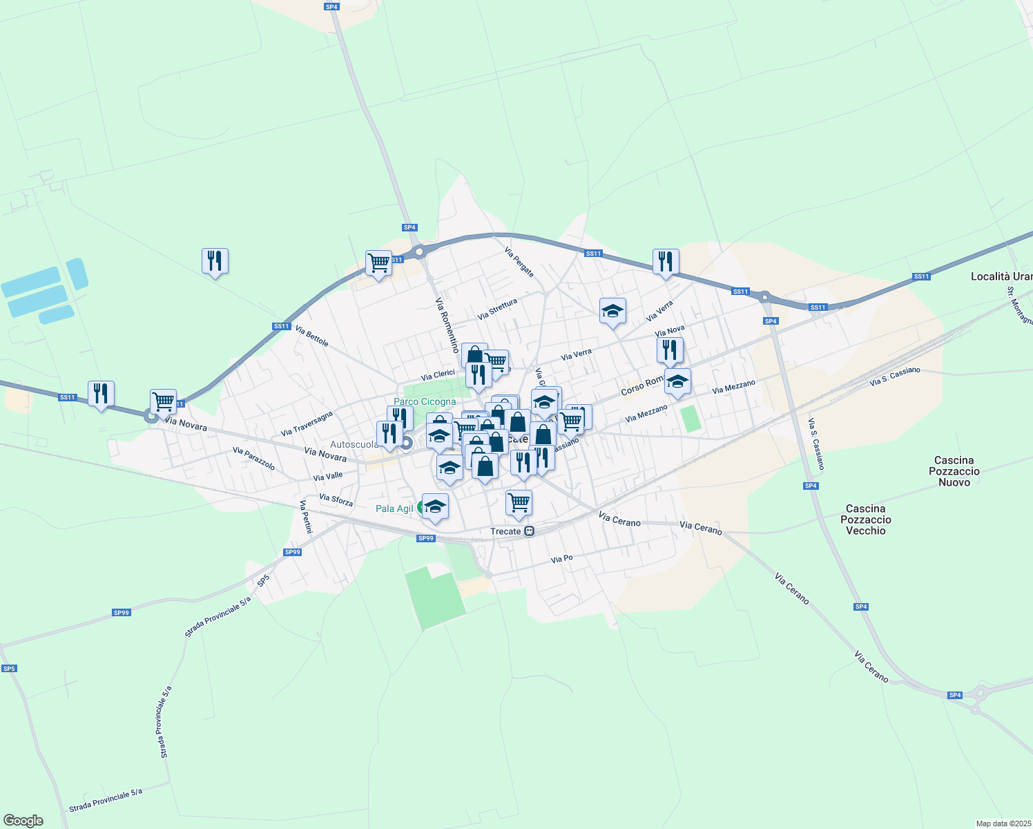 map of restaurants, bars, coffee shops, grocery stores, and more near 6 Via Madonnina in Trecate