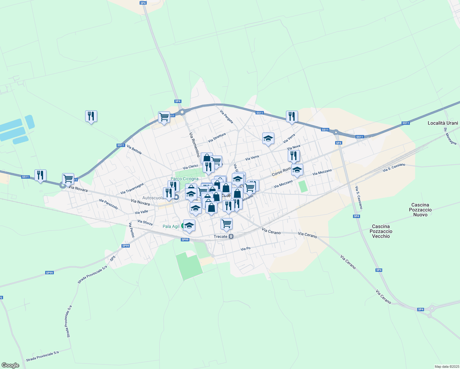map of restaurants, bars, coffee shops, grocery stores, and more near 6 Via Madonnina in Trecate