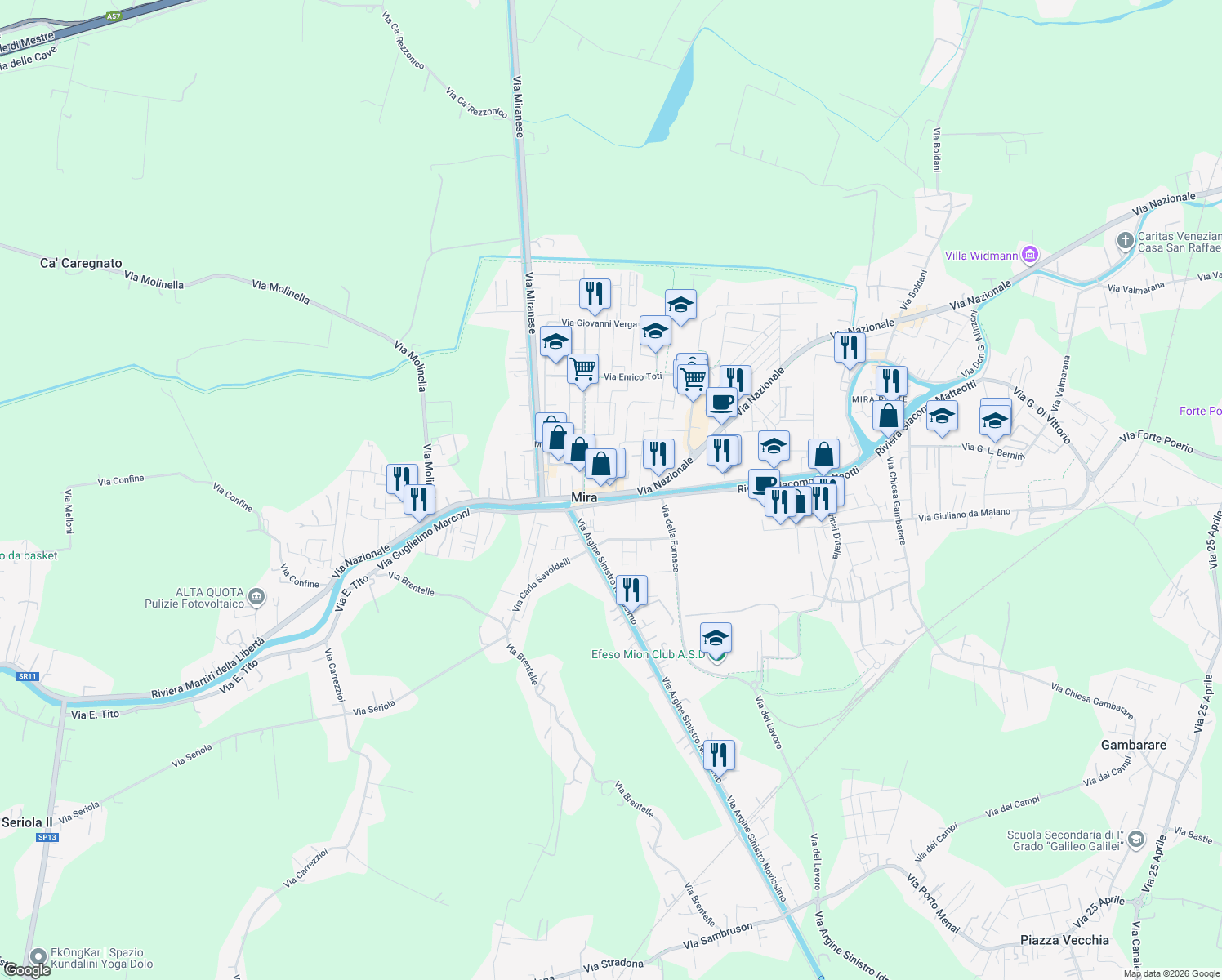 map of restaurants, bars, coffee shops, grocery stores, and more near 180 Via Nazionale in Mira