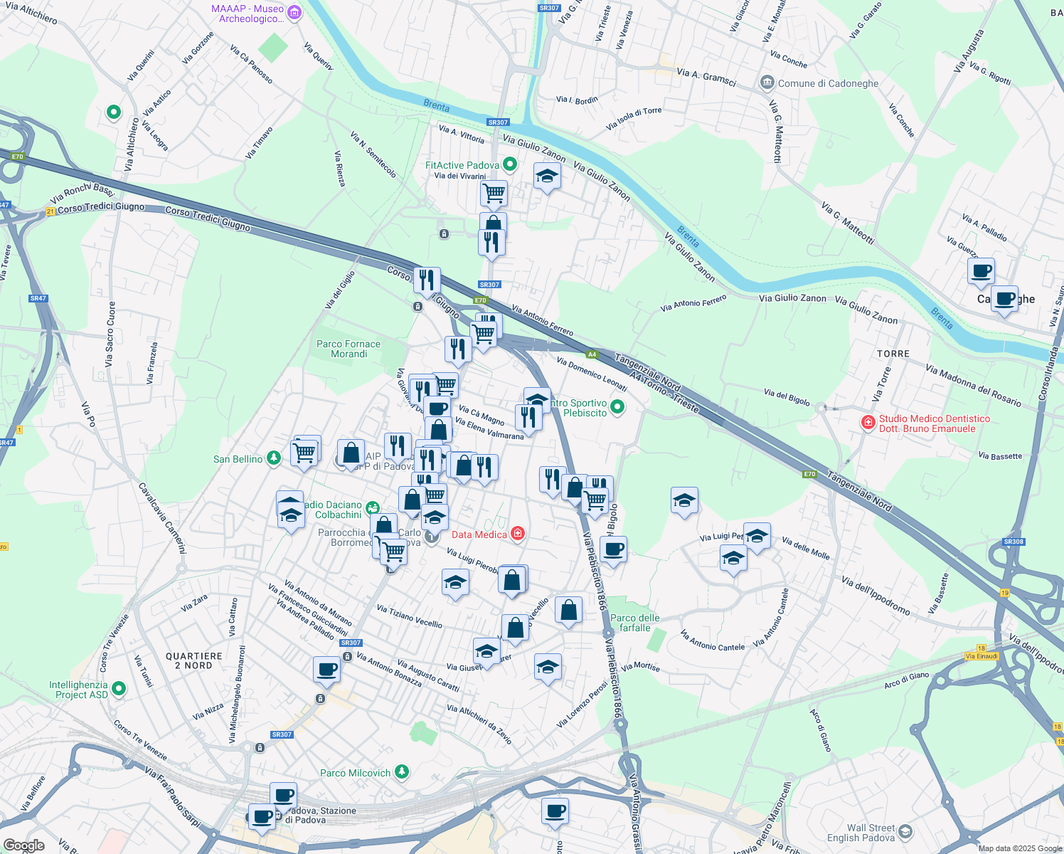 map of restaurants, bars, coffee shops, grocery stores, and more near 31 Via Libero Benedetti in Padova