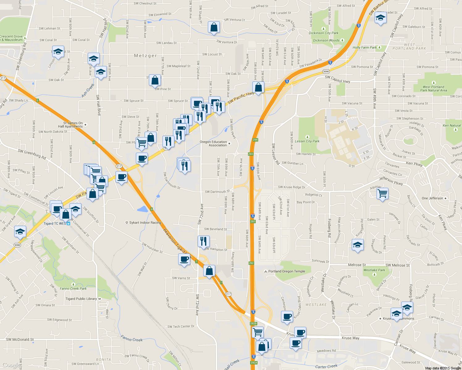 map of restaurants, bars, coffee shops, grocery stores, and more near 11955 Southwest 68th Avenue in Tigard