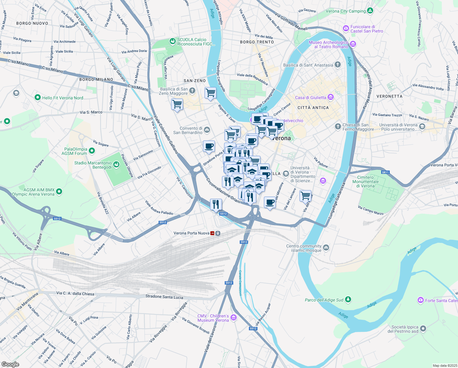 map of restaurants, bars, coffee shops, grocery stores, and more near 8 Piazza Renato Simoni in Verona