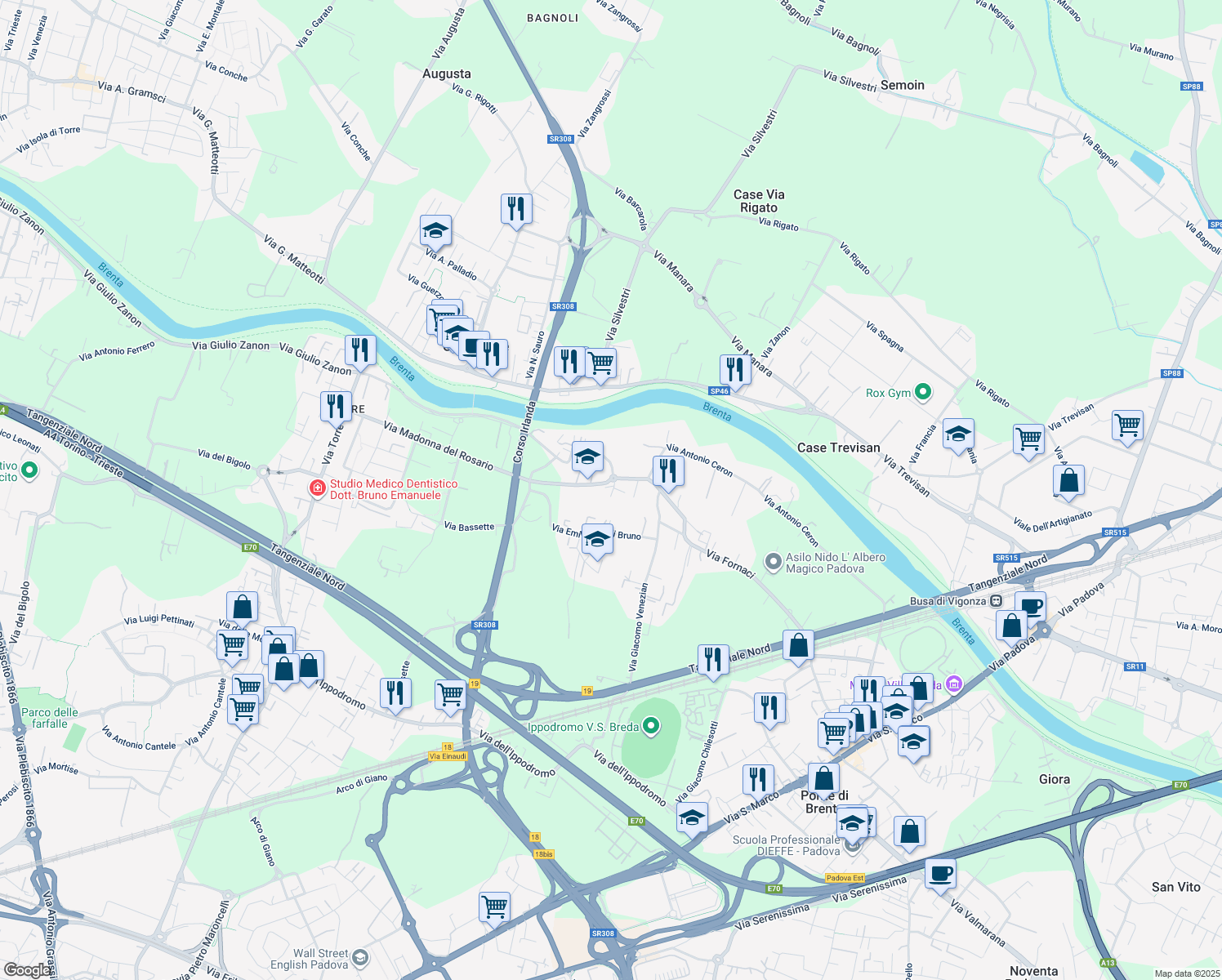 map of restaurants, bars, coffee shops, grocery stores, and more near 129 Via Madonna del Rosario in Padua