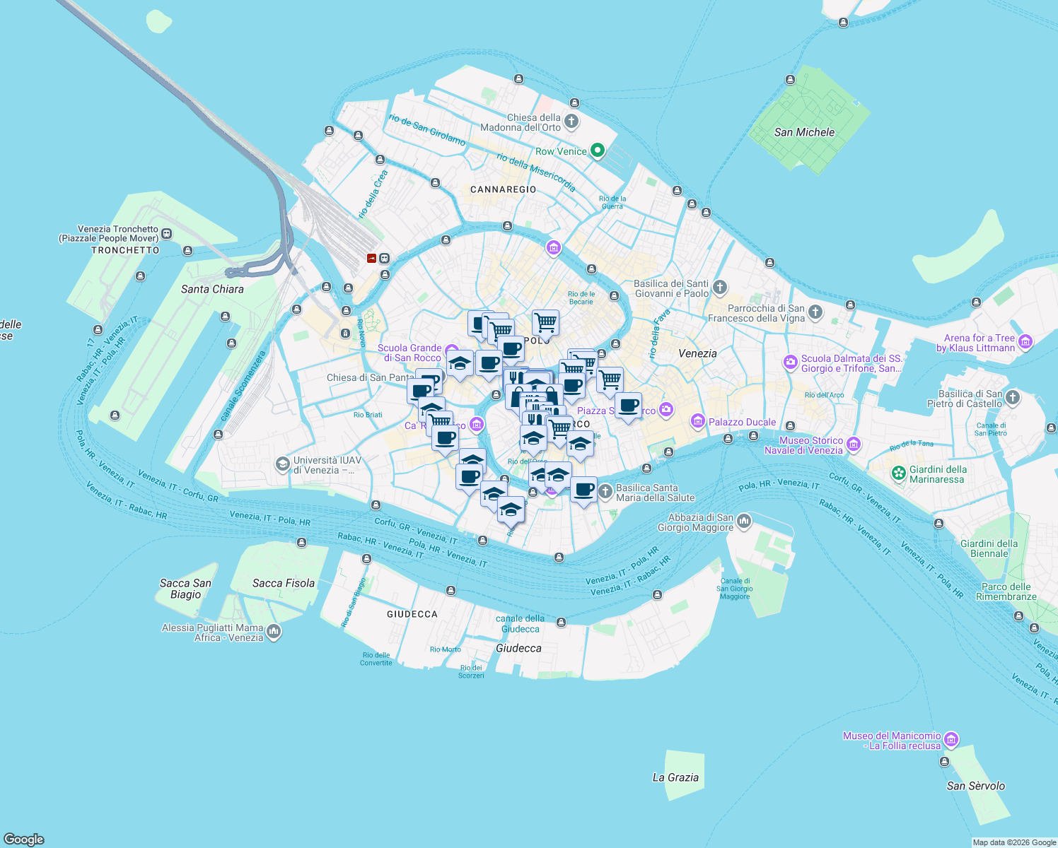 map of restaurants, bars, coffee shops, grocery stores, and more near Calle Muneghe Cannaregio in Venice