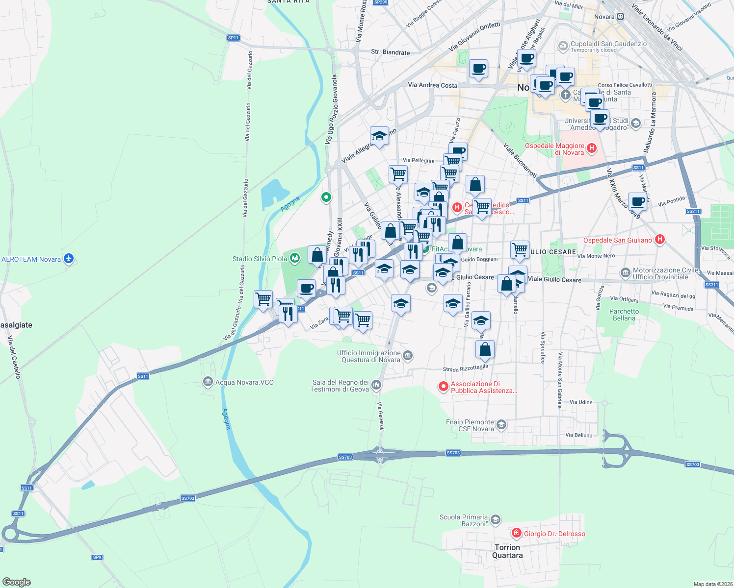 map of restaurants, bars, coffee shops, grocery stores, and more near 2 Via Aosta in Novara