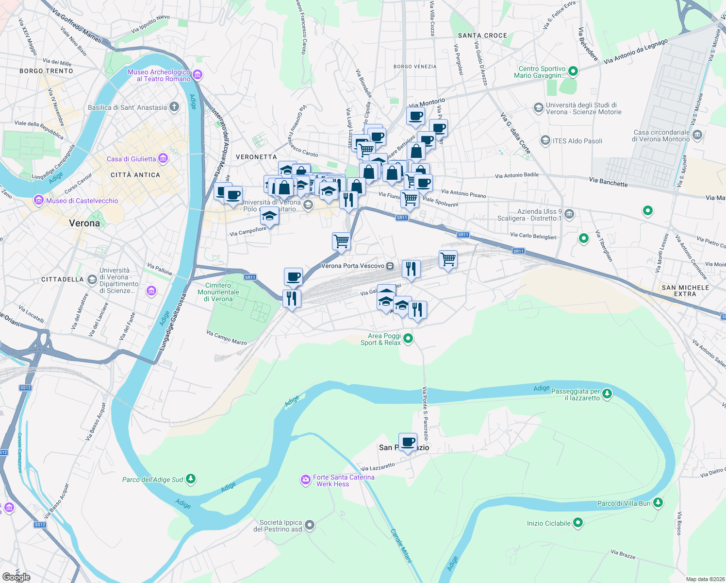 map of restaurants, bars, coffee shops, grocery stores, and more near 2 Via Muro Lungo Campo Marzo in Verona