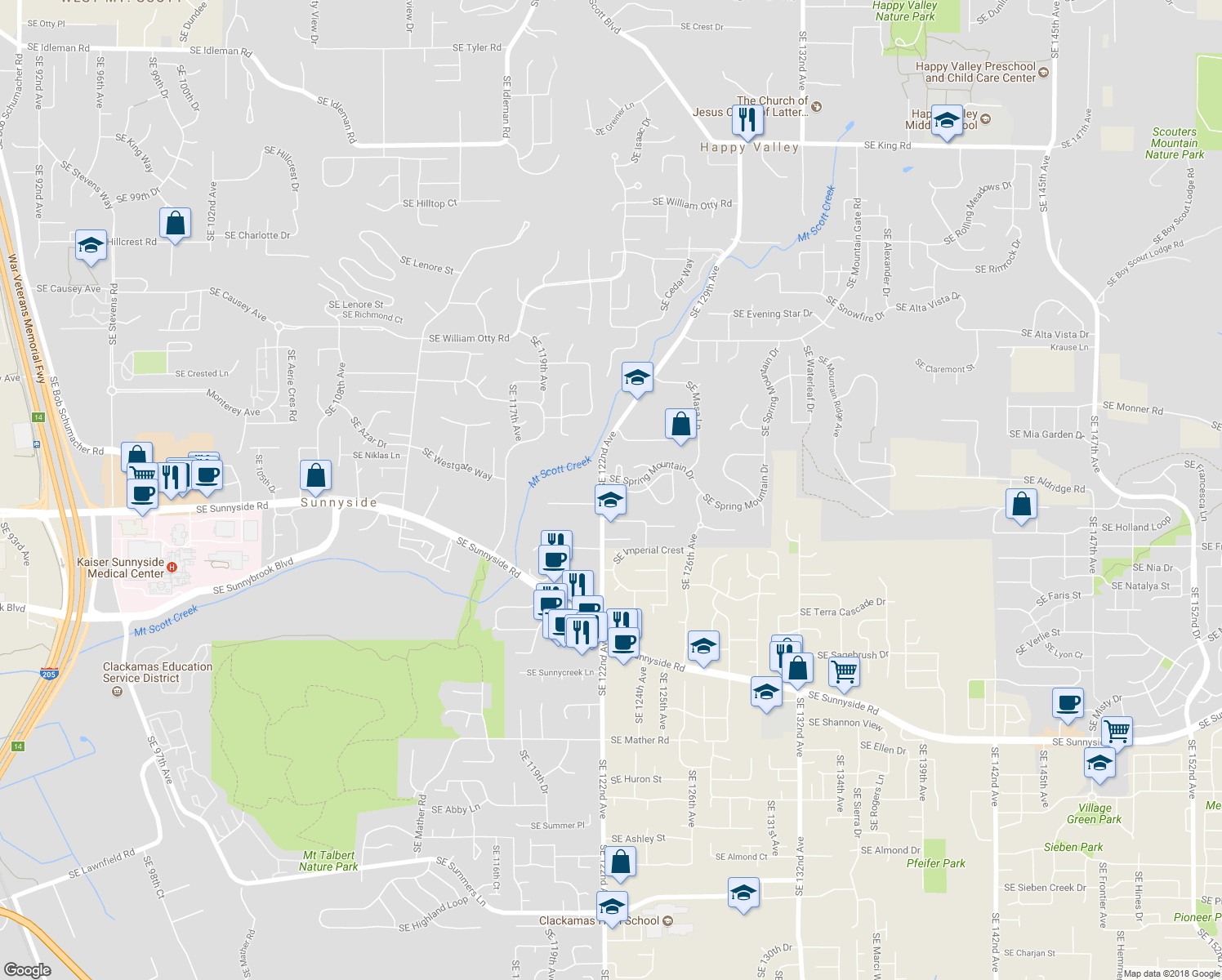 map of restaurants, bars, coffee shops, grocery stores, and more near 12135 Southeast Eisert Court in Happy Valley