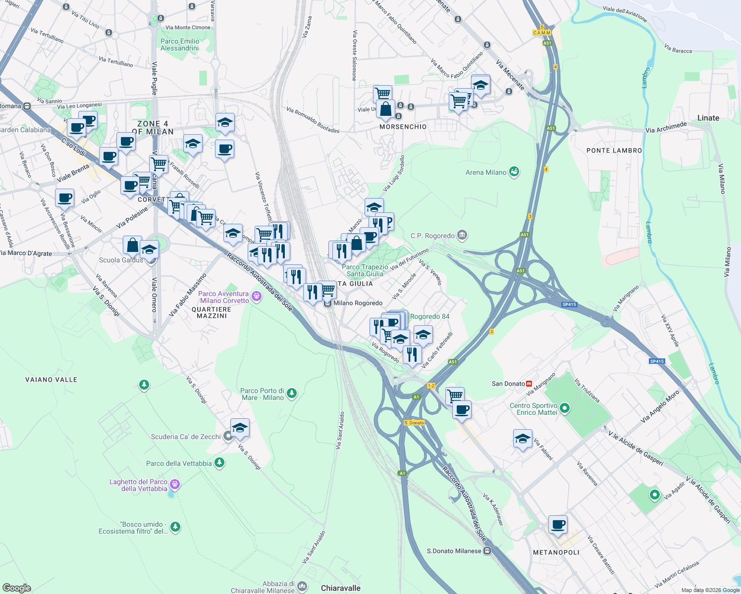 map of restaurants, bars, coffee shops, grocery stores, and more near Via Francesco Pizzolpasso in Milano