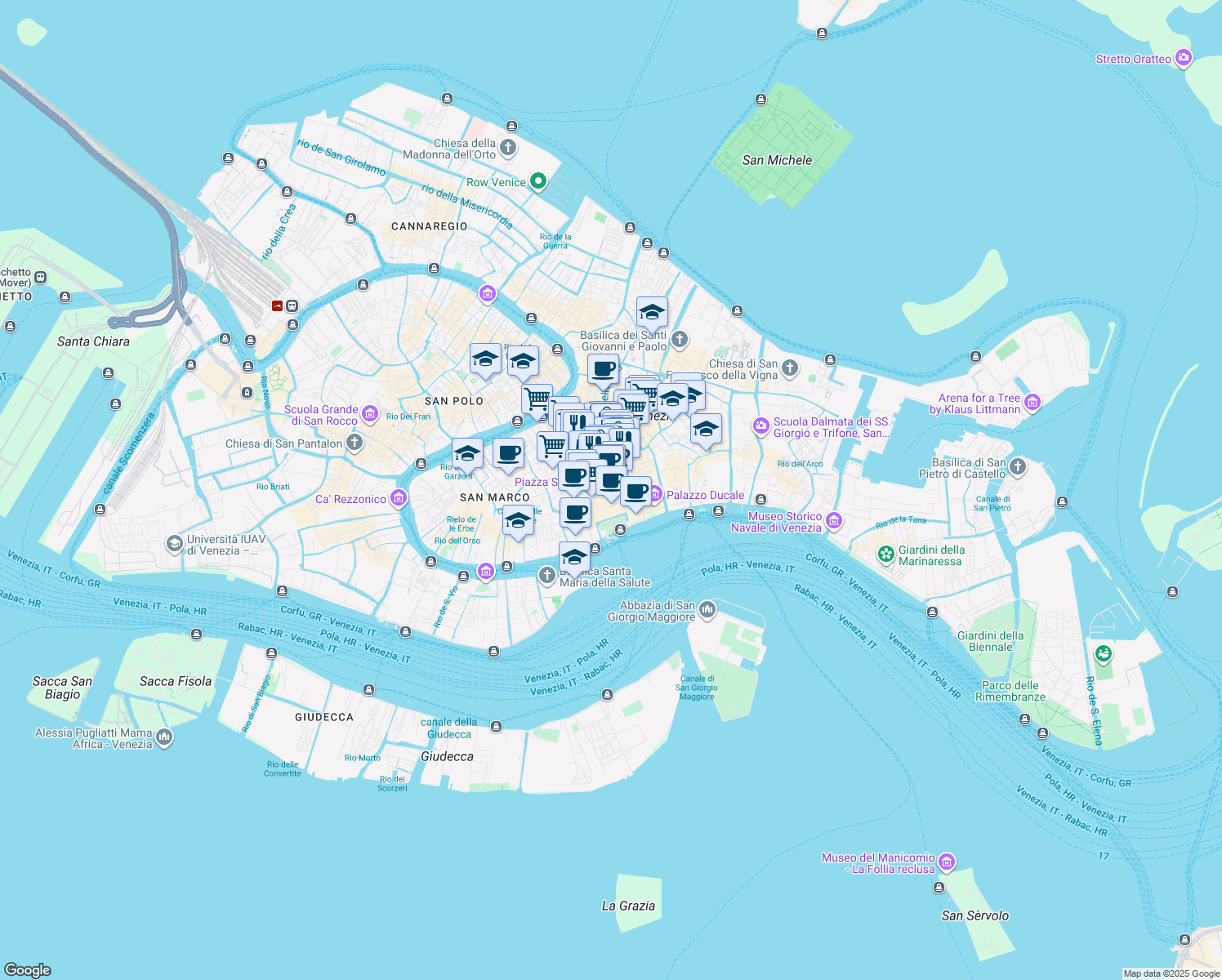 map of restaurants, bars, coffee shops, grocery stores, and more near Piazza San Marco in Venezia