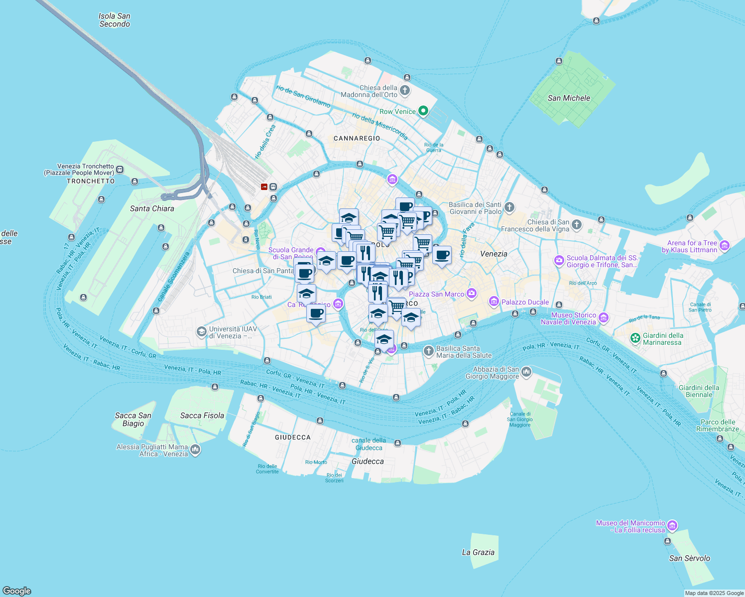 map of restaurants, bars, coffee shops, grocery stores, and more near 3448 Calle de le Boteghe in Venezia