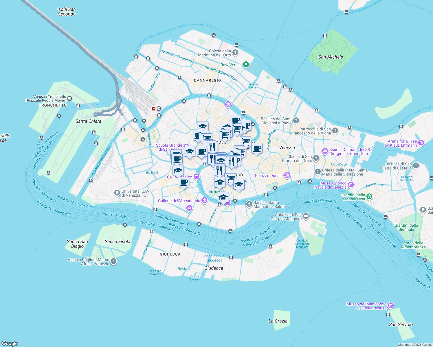 map of restaurants, bars, coffee shops, grocery stores, and more near 3448 Calle de le Boteghe in Venezia