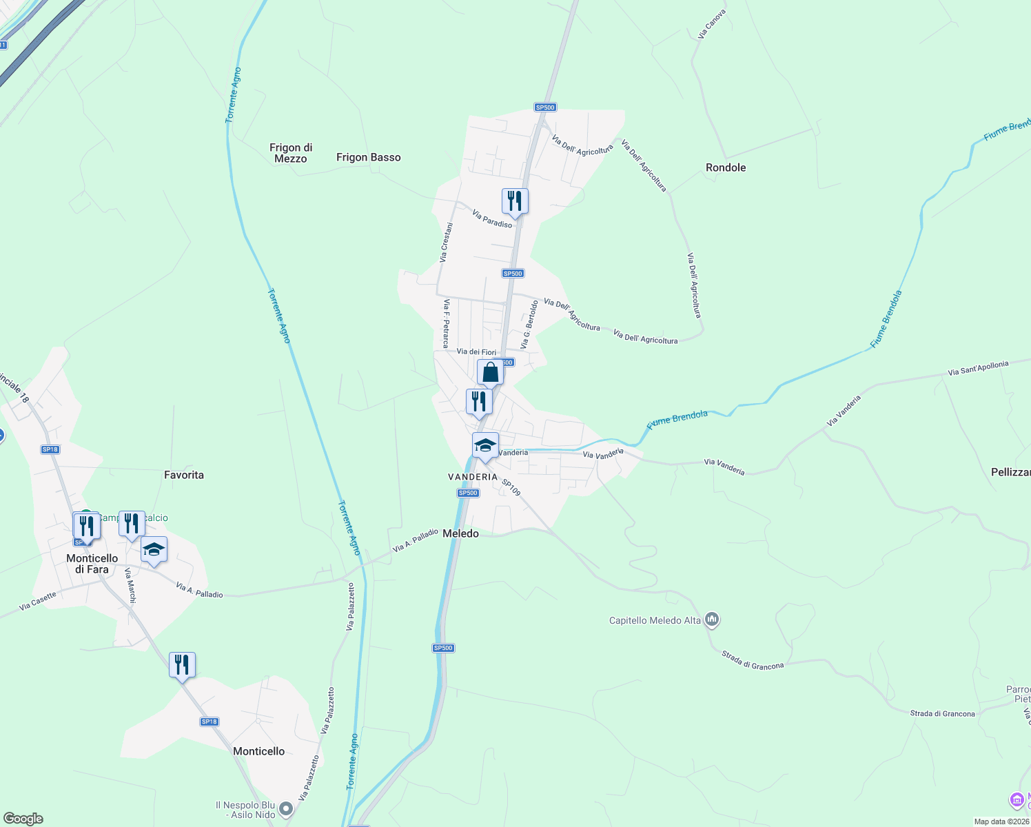 map of restaurants, bars, coffee shops, grocery stores, and more near 17 Via dell' Industria in Meledo