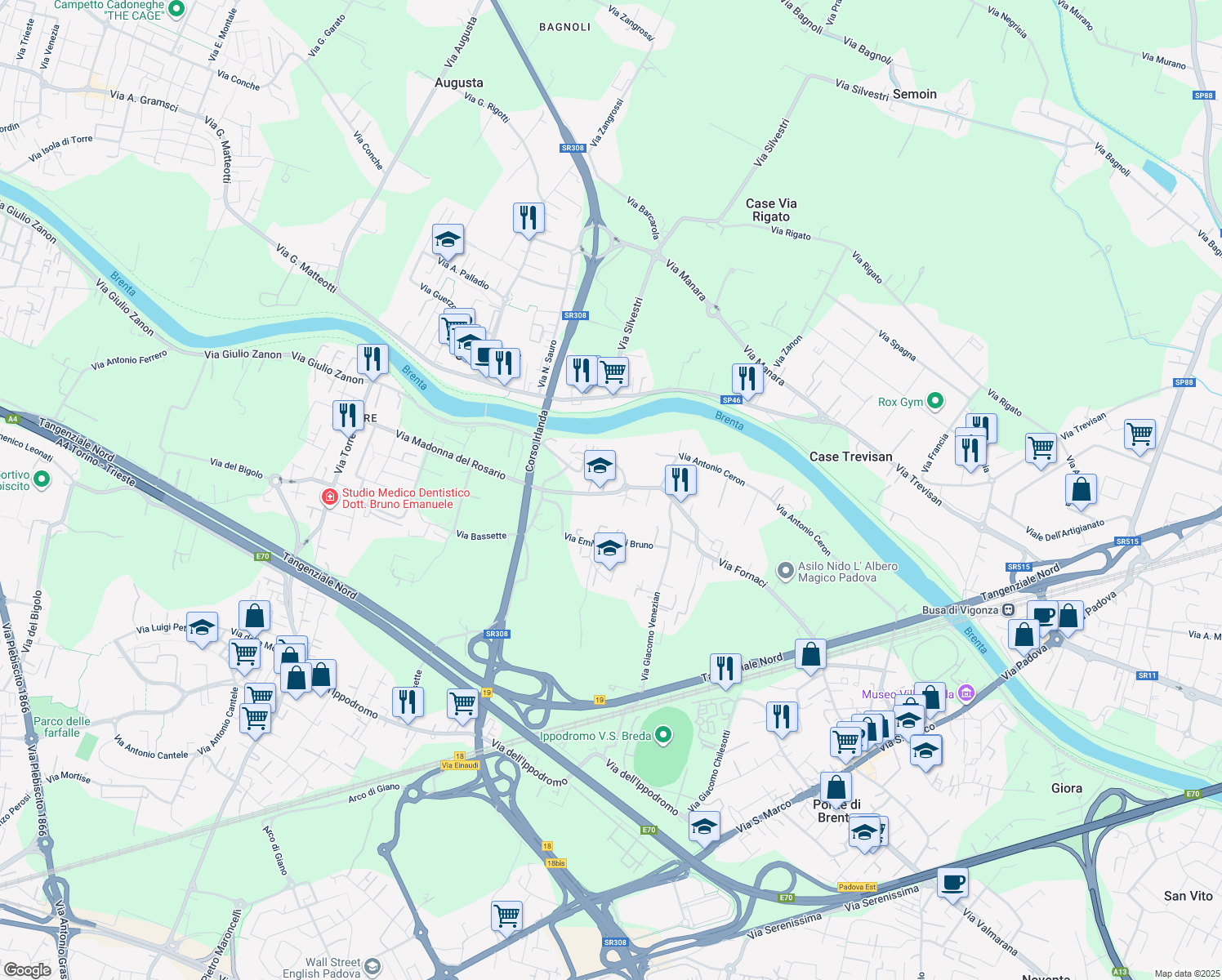 map of restaurants, bars, coffee shops, grocery stores, and more near 129 Via Madonna del Rosario in Padova