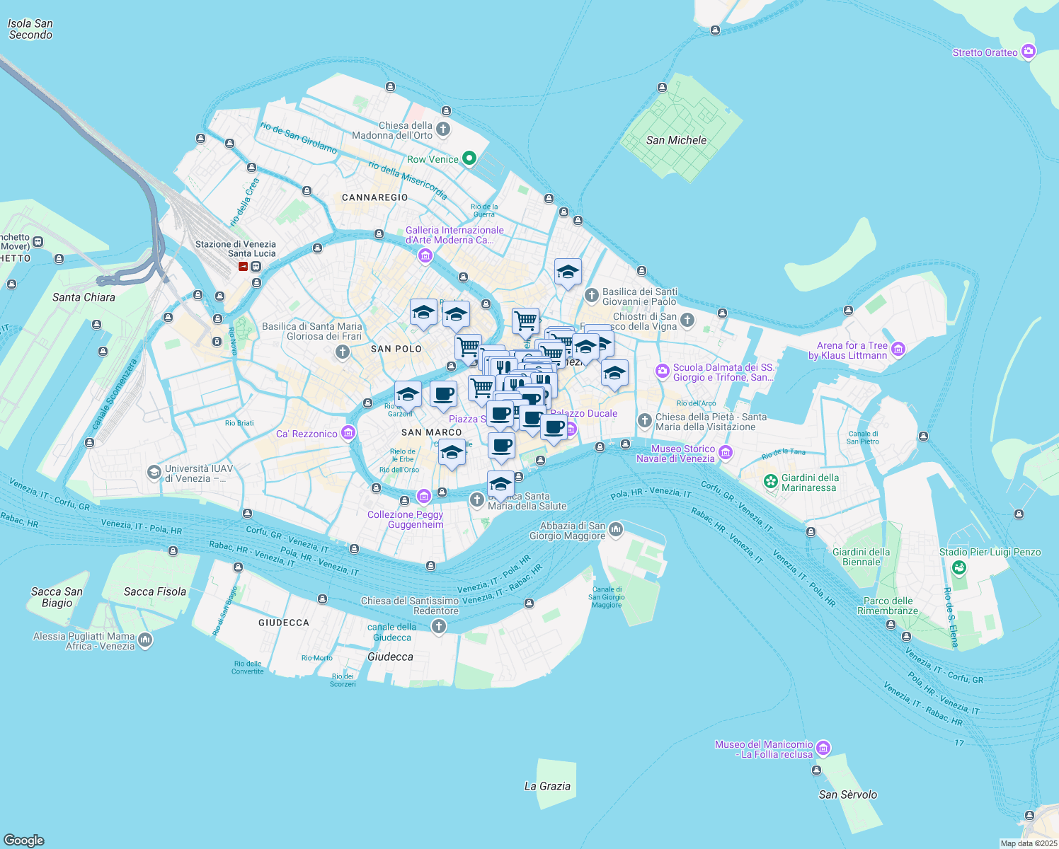 map of restaurants, bars, coffee shops, grocery stores, and more near 119 Piazza San Marco in Venezia