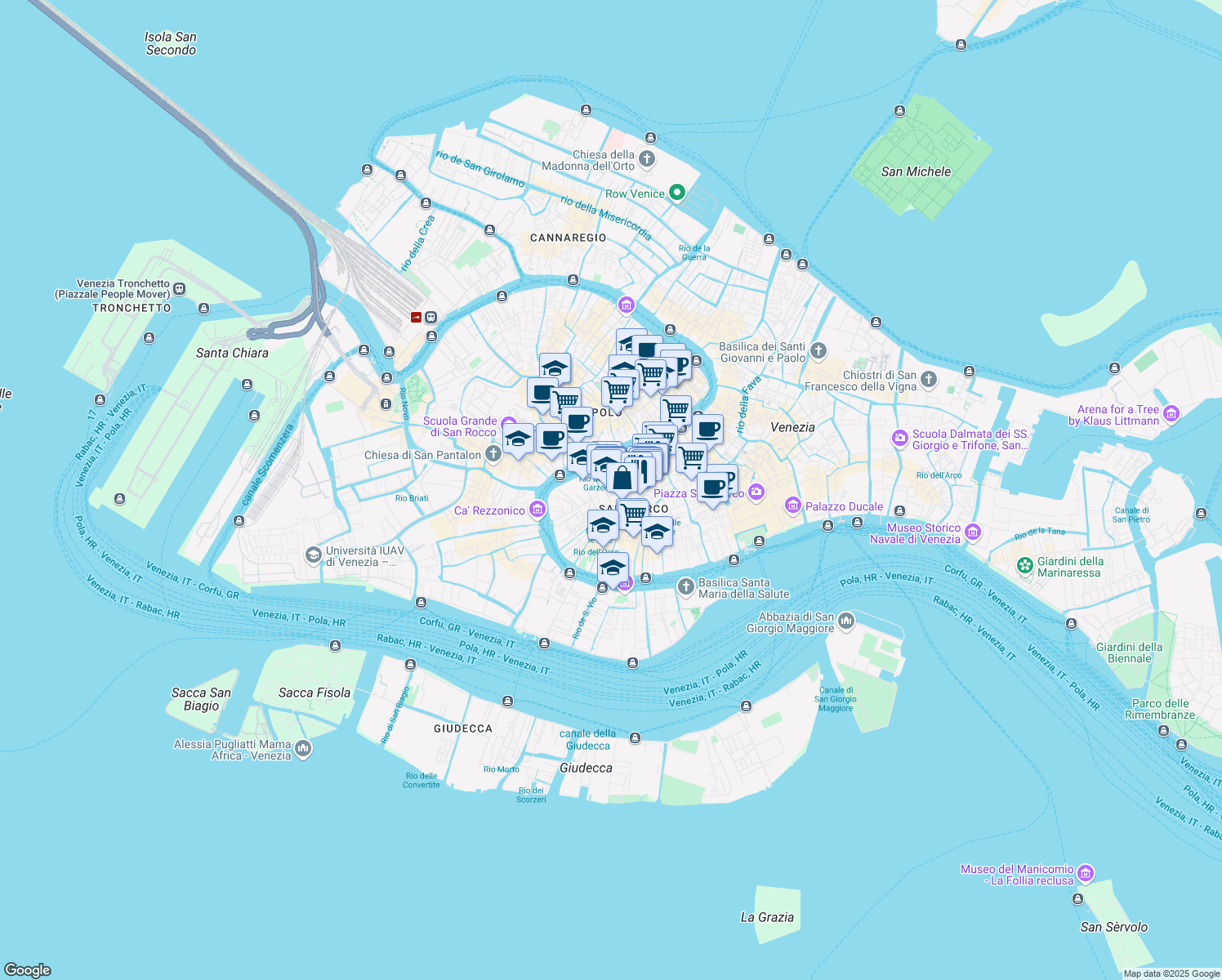 map of restaurants, bars, coffee shops, grocery stores, and more near 380 Calle Dei Avvocati in Venezia