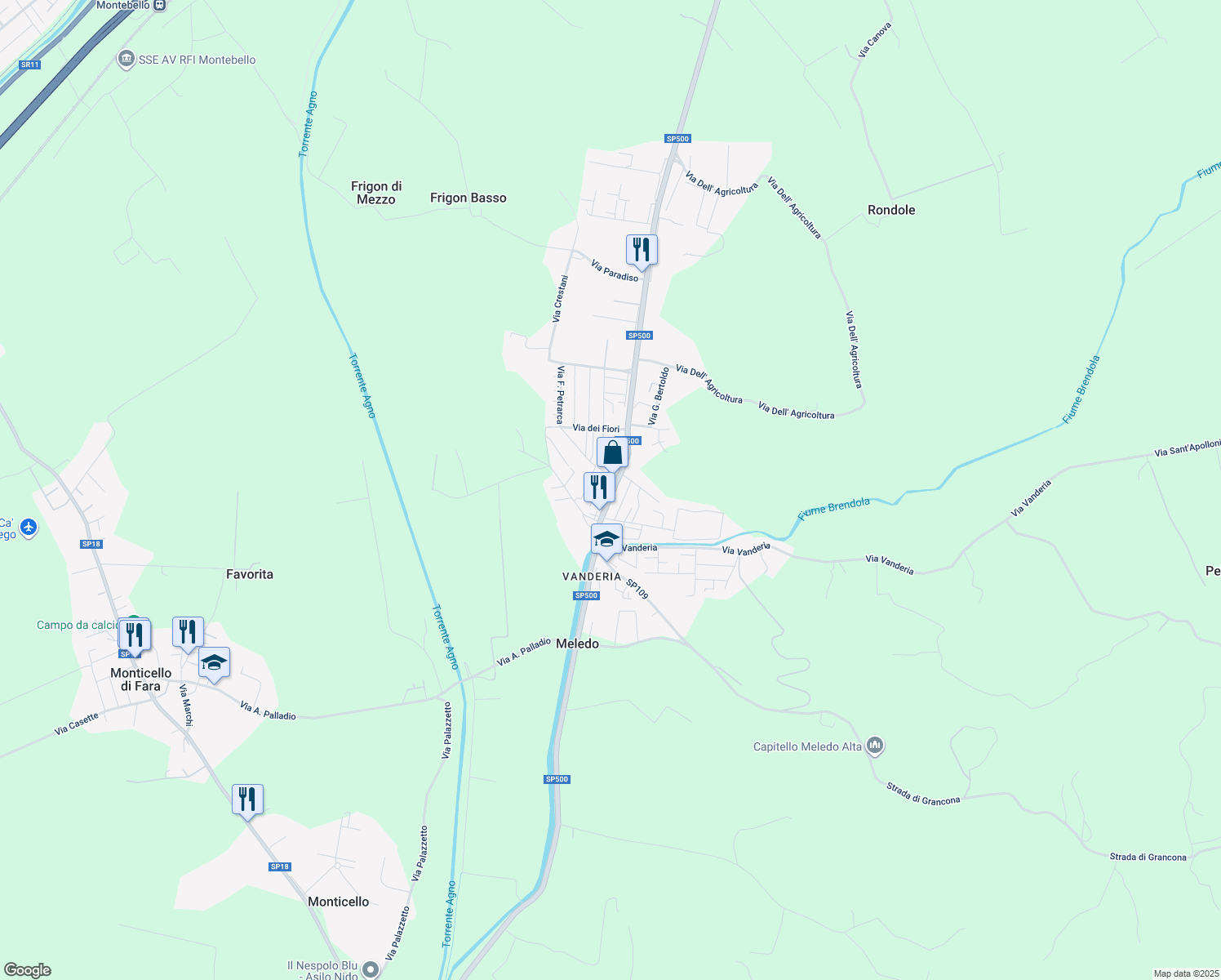 map of restaurants, bars, coffee shops, grocery stores, and more near 40 Via Veneto in Meledo