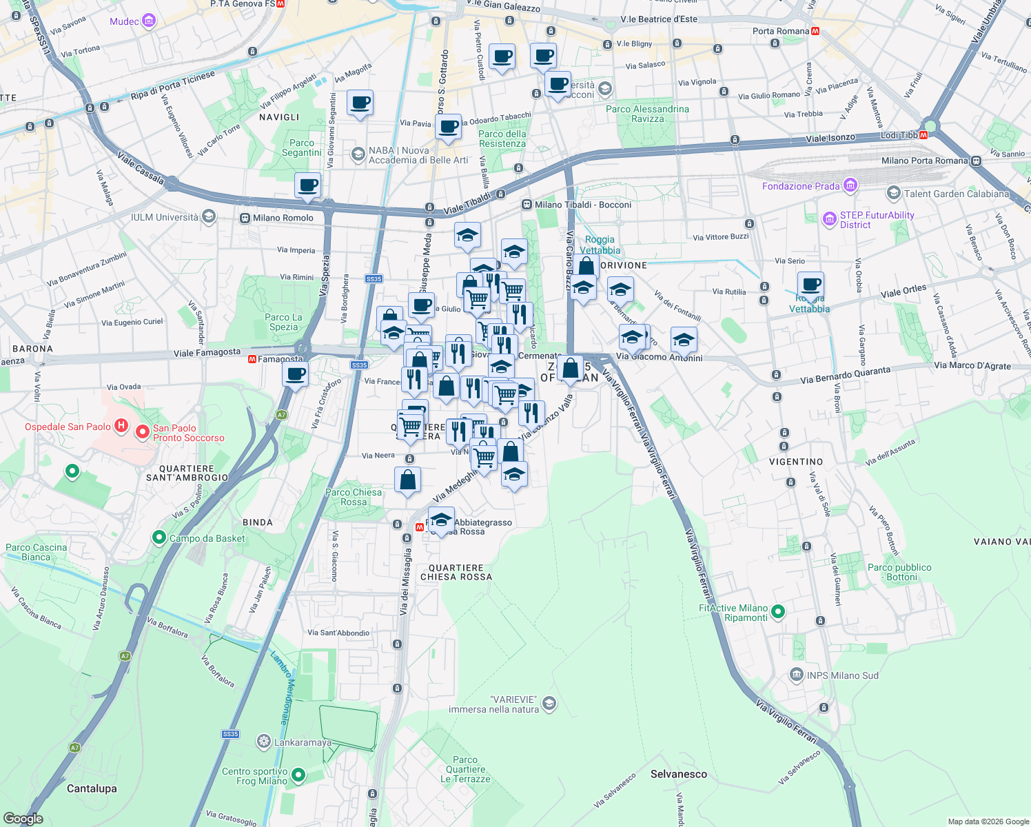 map of restaurants, bars, coffee shops, grocery stores, and more near 61 Via Nicola Palmieri in Milan