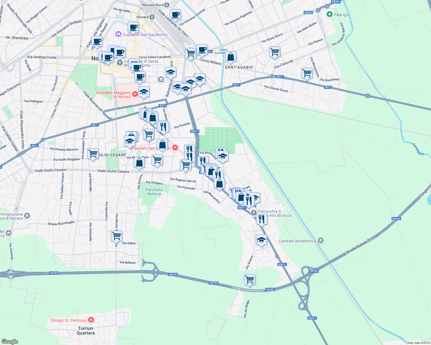 map of restaurants, bars, coffee shops, grocery stores, and more near 5 Strada Privata Raselli in Novara