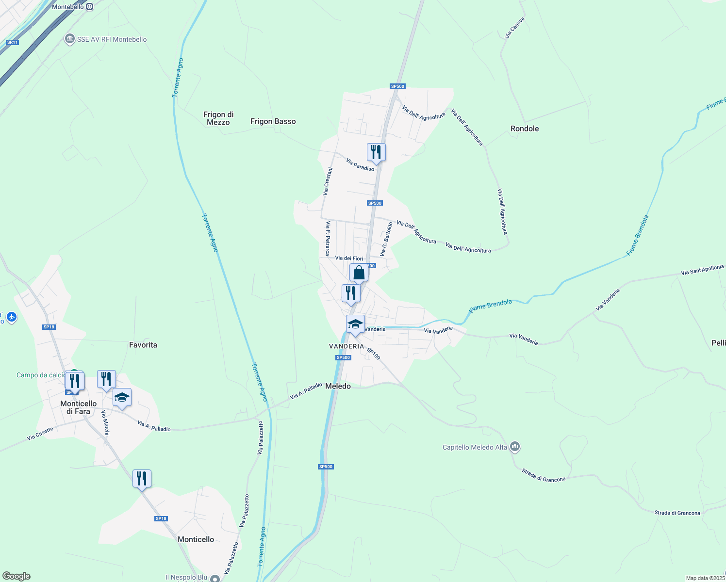 map of restaurants, bars, coffee shops, grocery stores, and more near 40 Via Veneto in Meledo