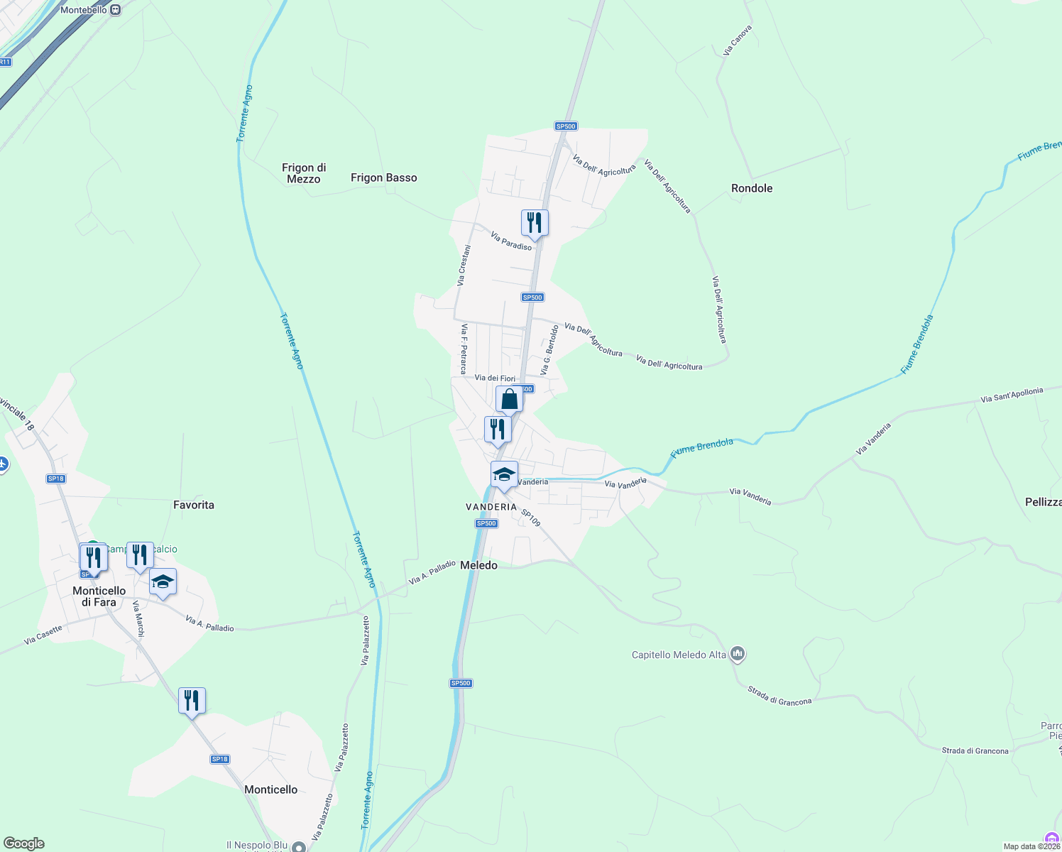 map of restaurants, bars, coffee shops, grocery stores, and more near 17 Via dell' Industria in Meledo