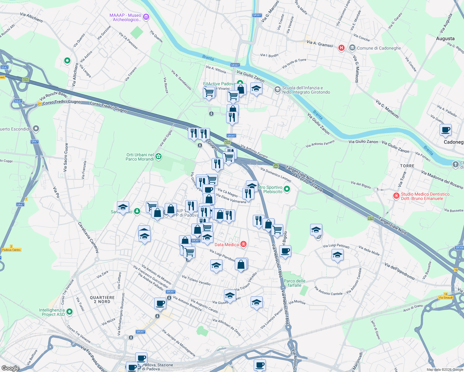 map of restaurants, bars, coffee shops, grocery stores, and more near 22 Via Camillo Aita in Padova