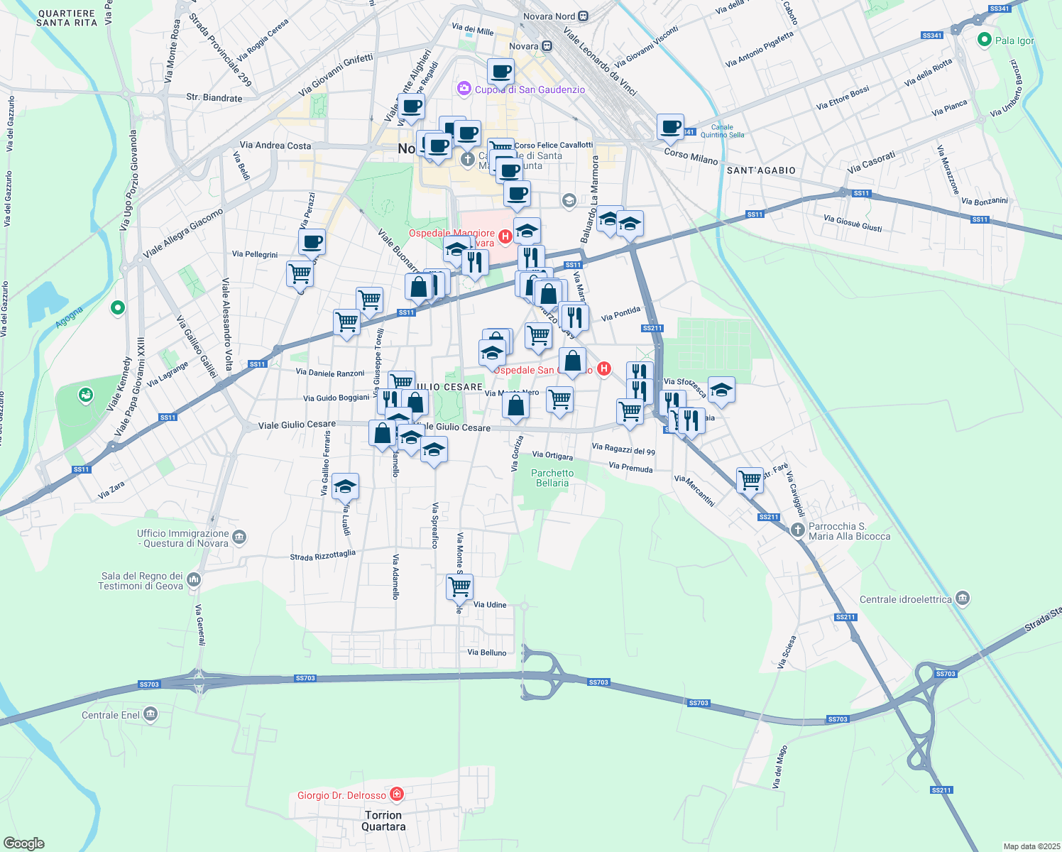 map of restaurants, bars, coffee shops, grocery stores, and more near 134 Viale Giulio Cesare in Novara