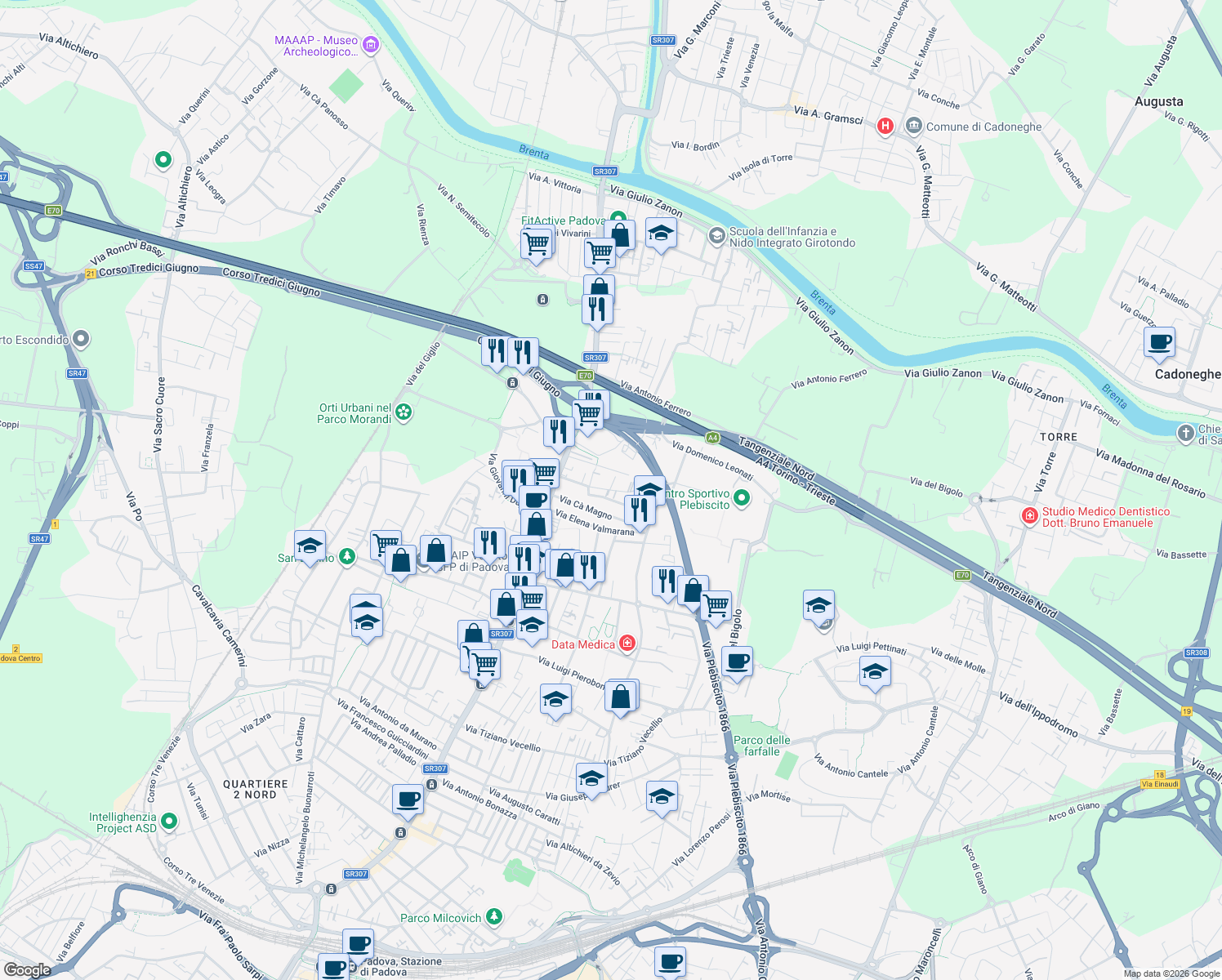 map of restaurants, bars, coffee shops, grocery stores, and more near 22 Via Camillo Aita in Padova