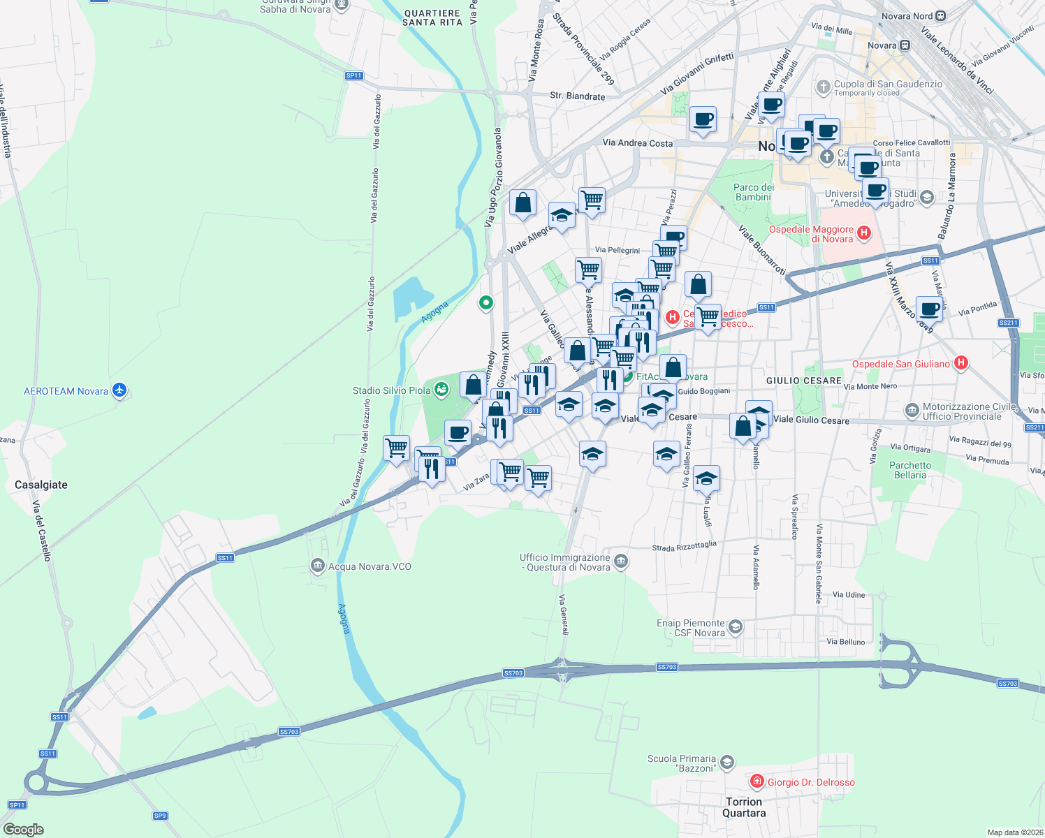 map of restaurants, bars, coffee shops, grocery stores, and more near 29 Corso Vercelli in Novara