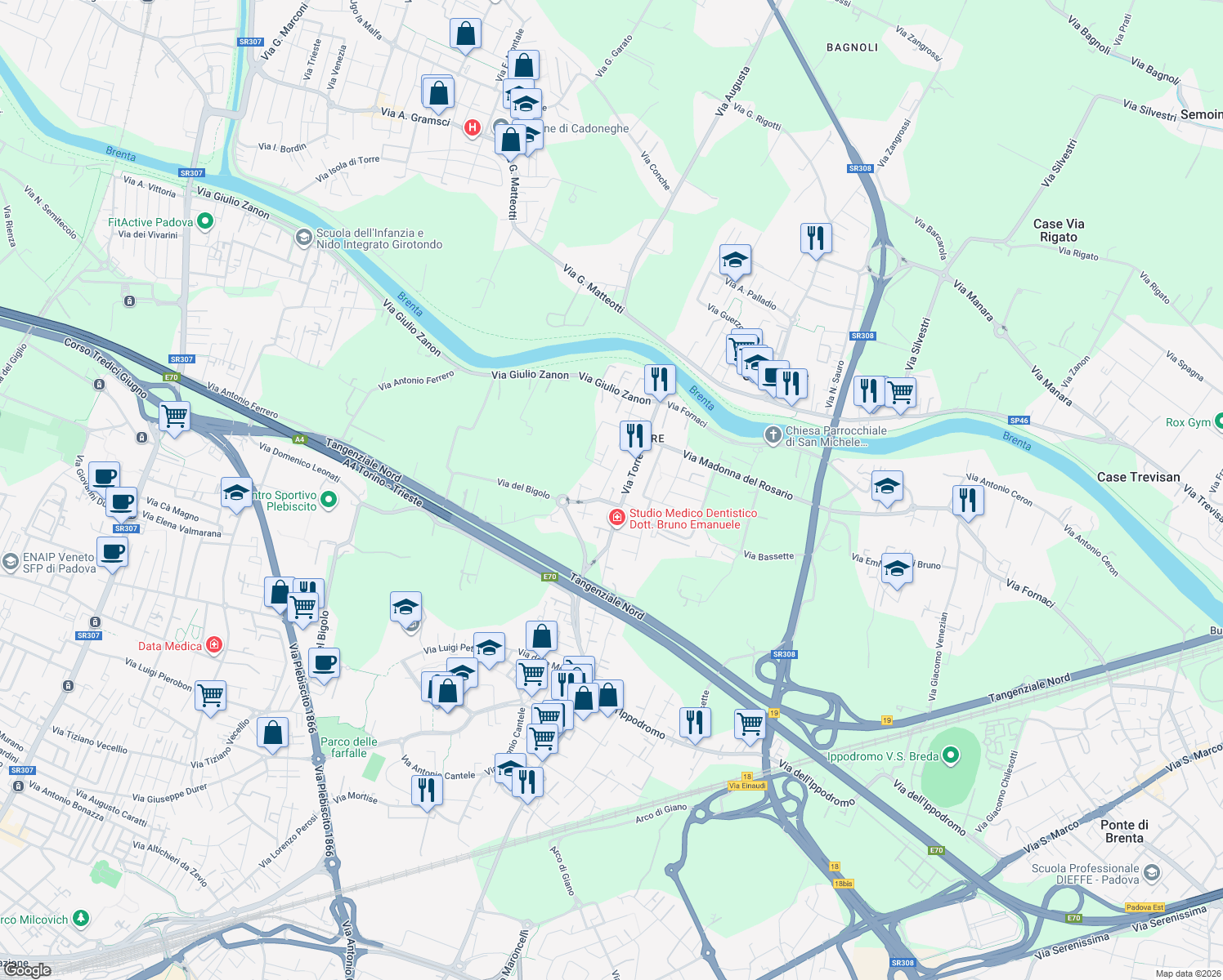 map of restaurants, bars, coffee shops, grocery stores, and more near 195A Via del Bigolo in Padova