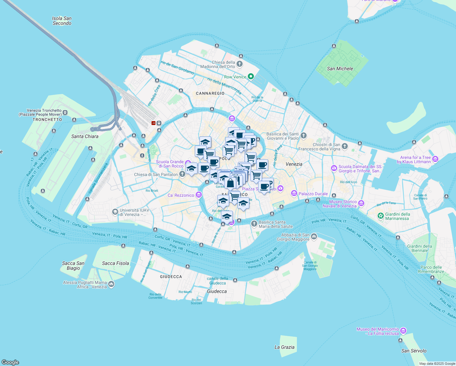 map of restaurants, bars, coffee shops, grocery stores, and more near 380 Calle Avvocati in Venezia
