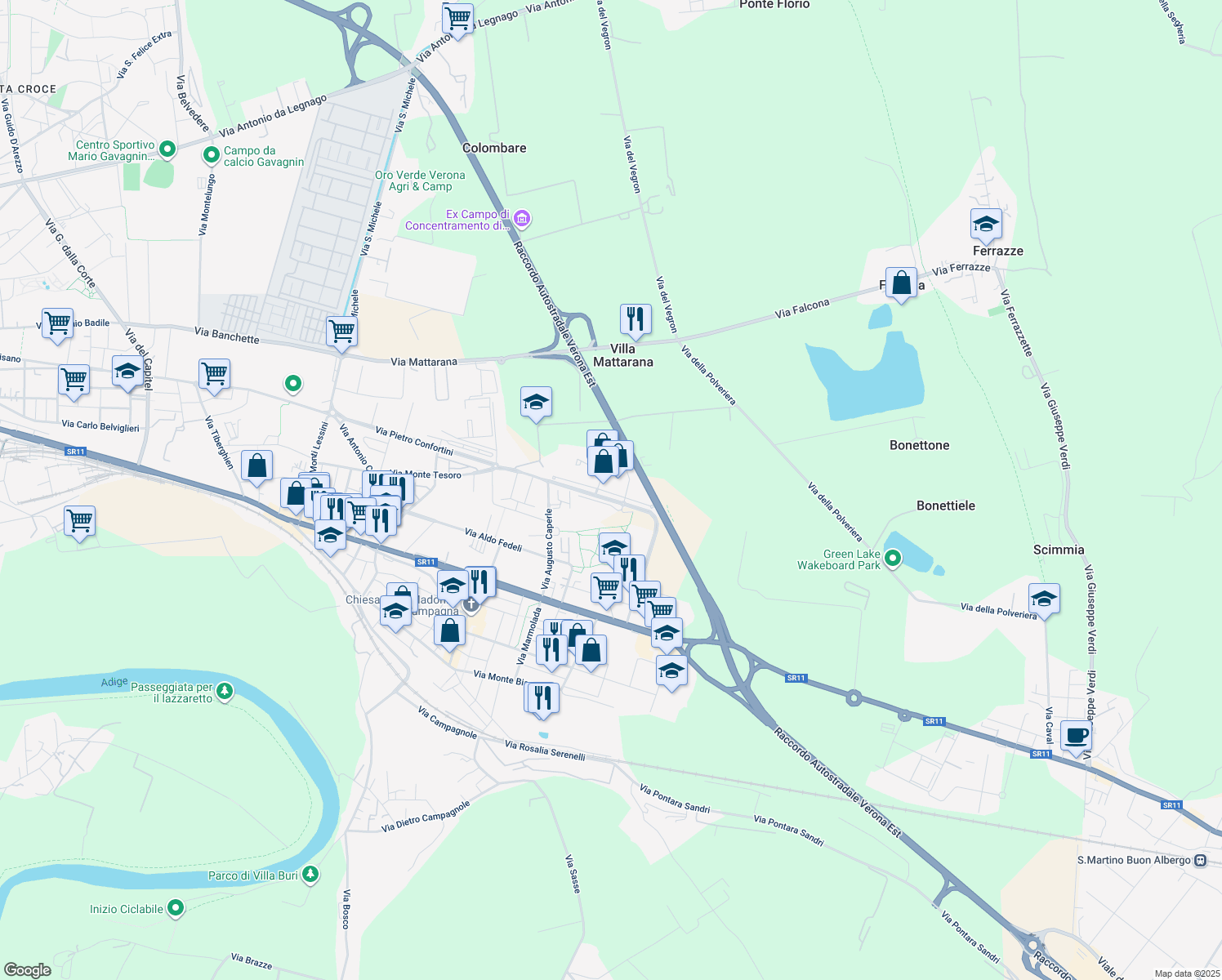 map of restaurants, bars, coffee shops, grocery stores, and more near 39 Via Ulderico Marotto in Verona
