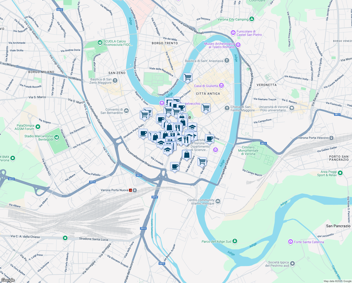 map of restaurants, bars, coffee shops, grocery stores, and more near 3 Via Aldo Ettore Kessler in Verona