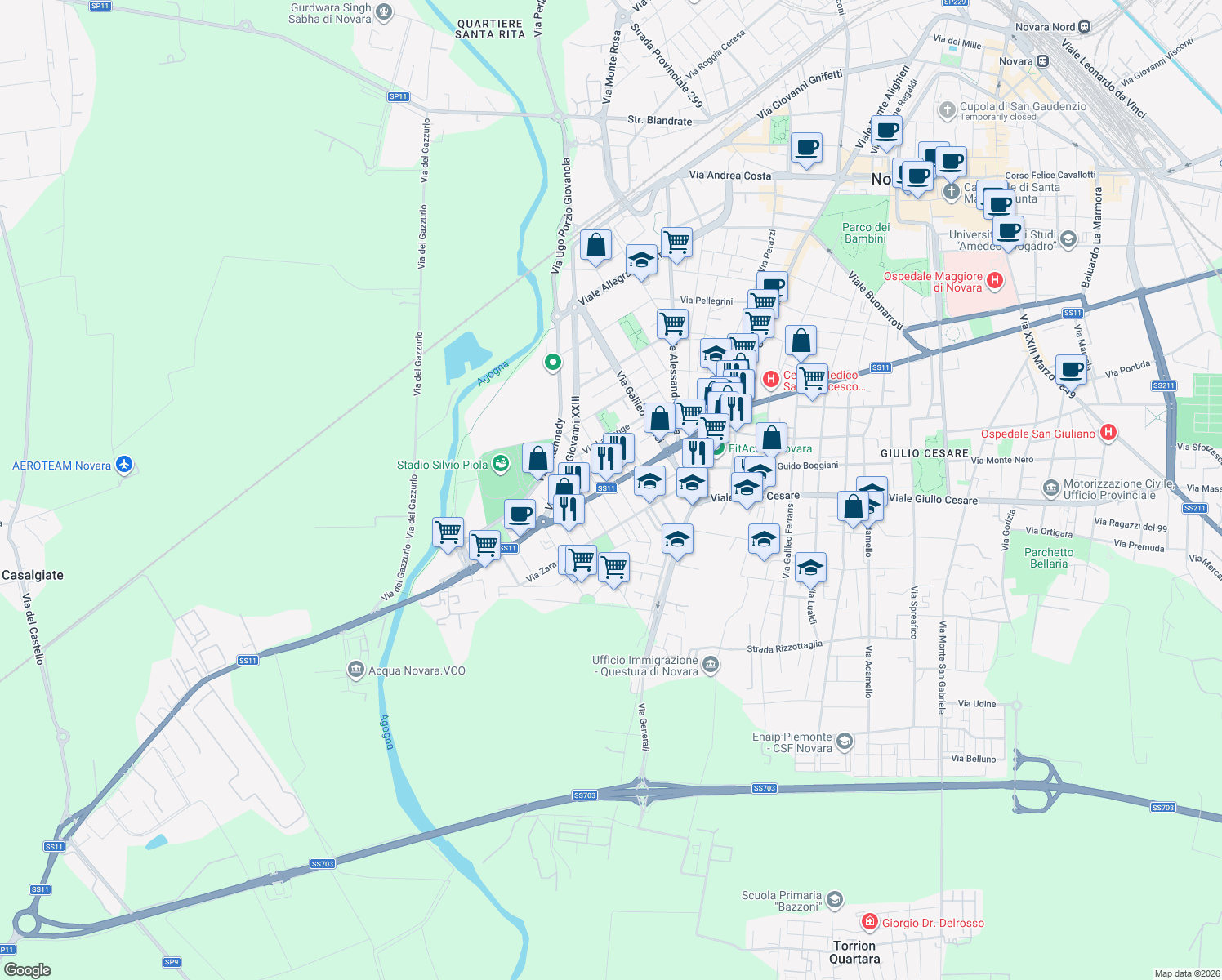 map of restaurants, bars, coffee shops, grocery stores, and more near 2-16 Via Fiume in Novara