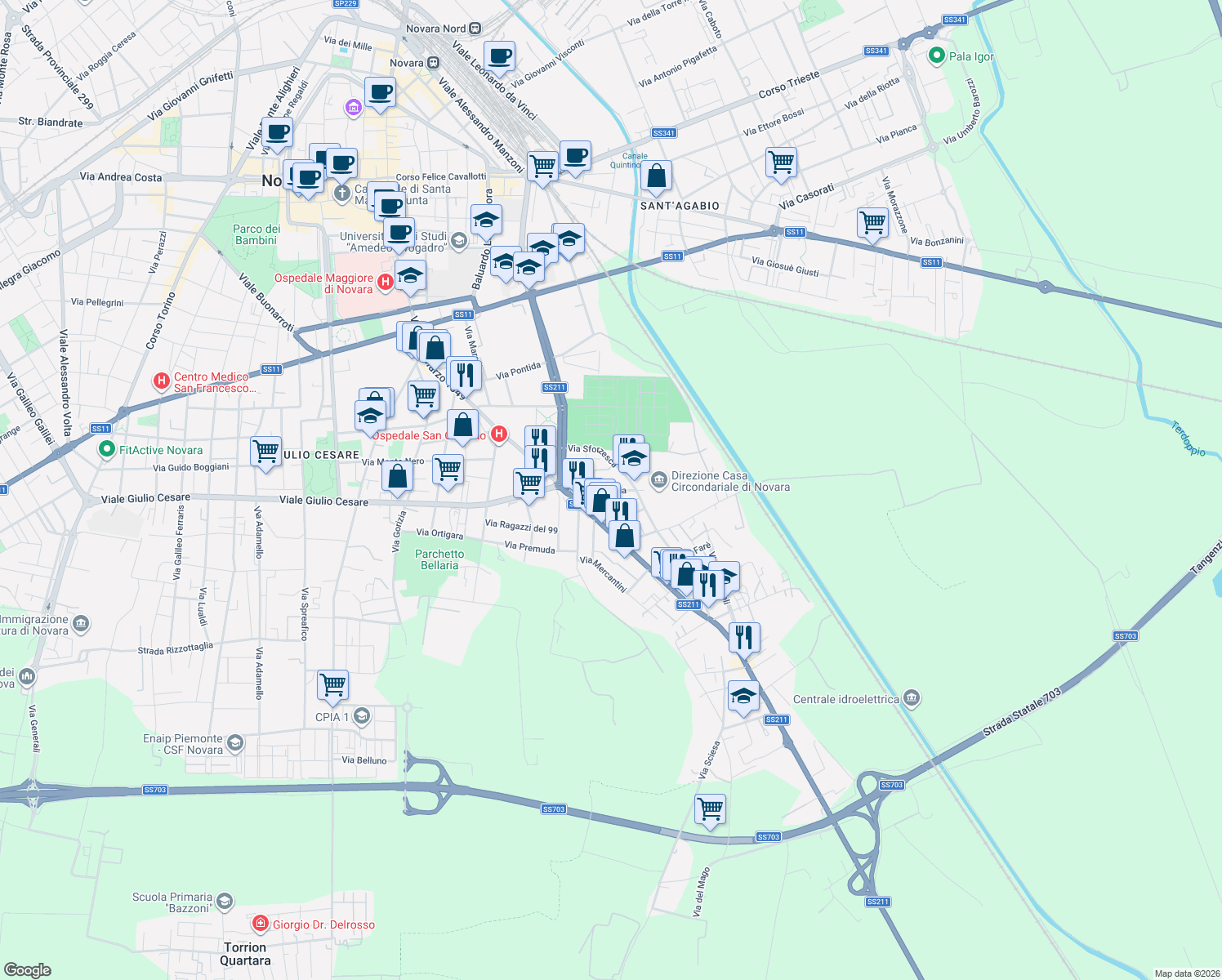 map of restaurants, bars, coffee shops, grocery stores, and more near 5 Strada Privata Raselli in Novara