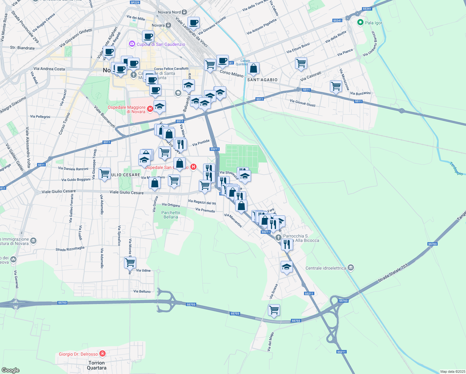 map of restaurants, bars, coffee shops, grocery stores, and more near 5 Strada Privata Raselli in Novara