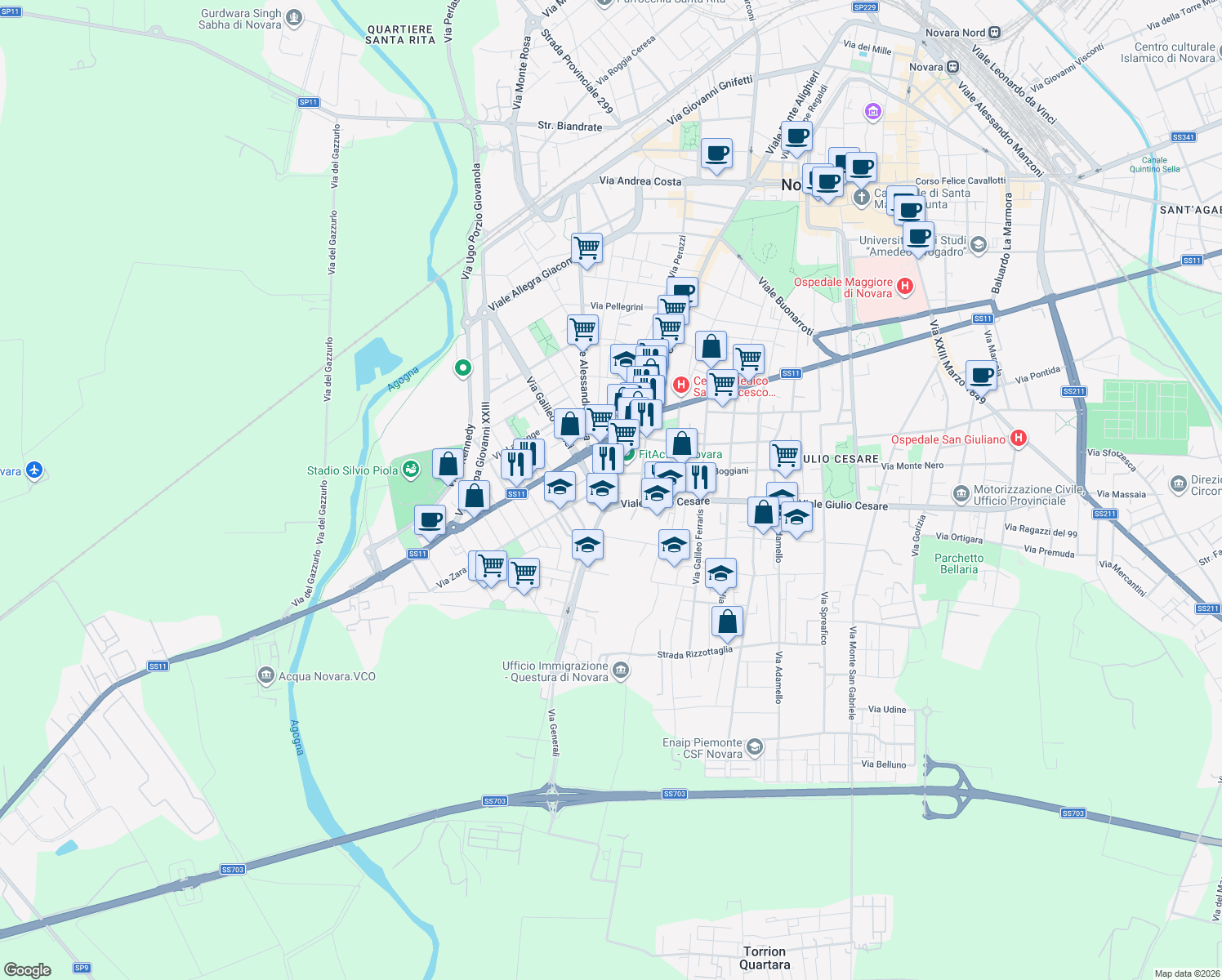 map of restaurants, bars, coffee shops, grocery stores, and more near 350-352 Viale Giulio Cesare in Novara