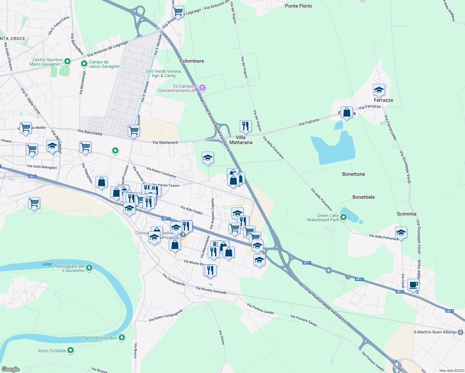 map of restaurants, bars, coffee shops, grocery stores, and more near 39 Via Ulderico Marotto in Verona