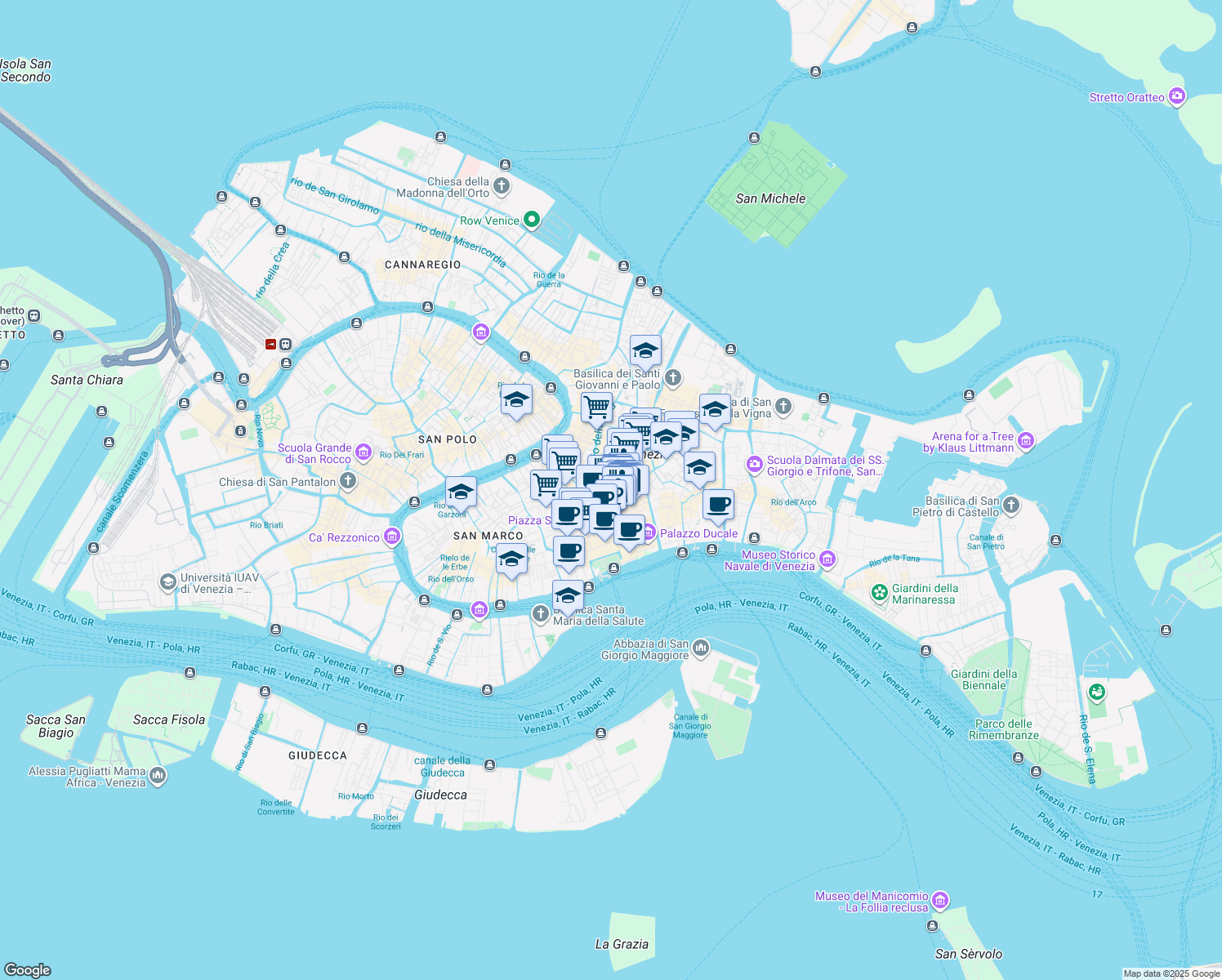 map of restaurants, bars, coffee shops, grocery stores, and more near 411 Calle Larga San Marco in Venezia