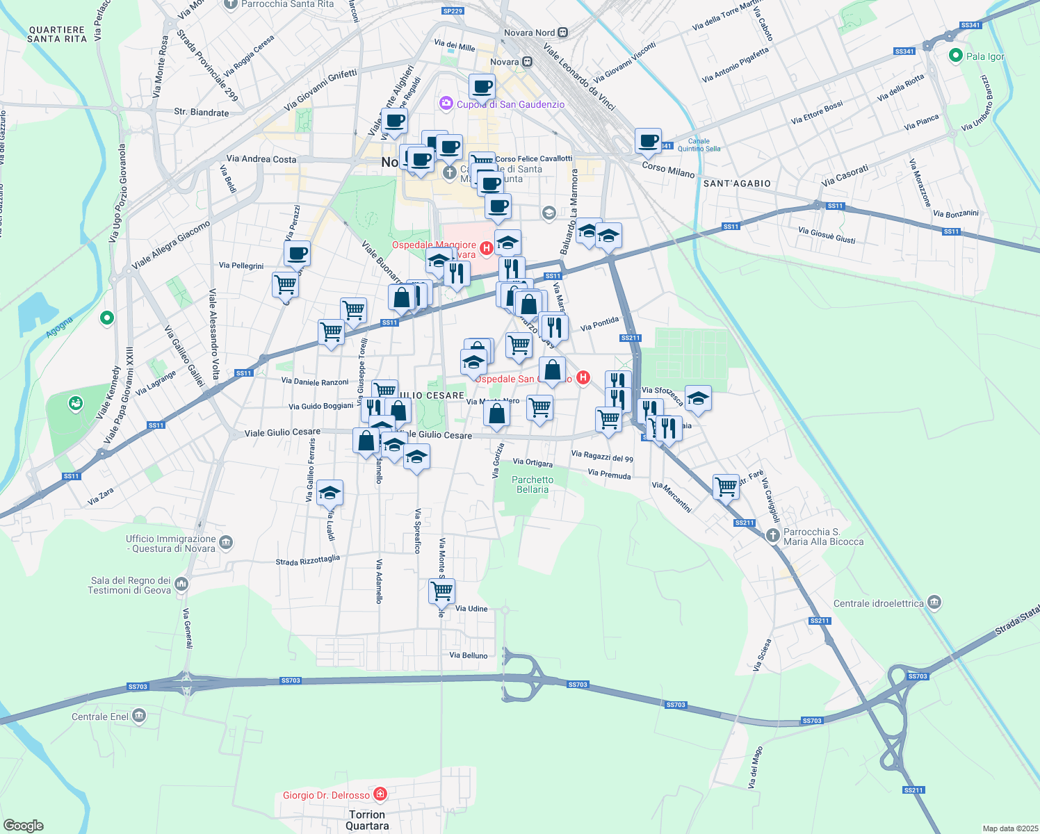 map of restaurants, bars, coffee shops, grocery stores, and more near 134 Viale Giulio Cesare in Novara