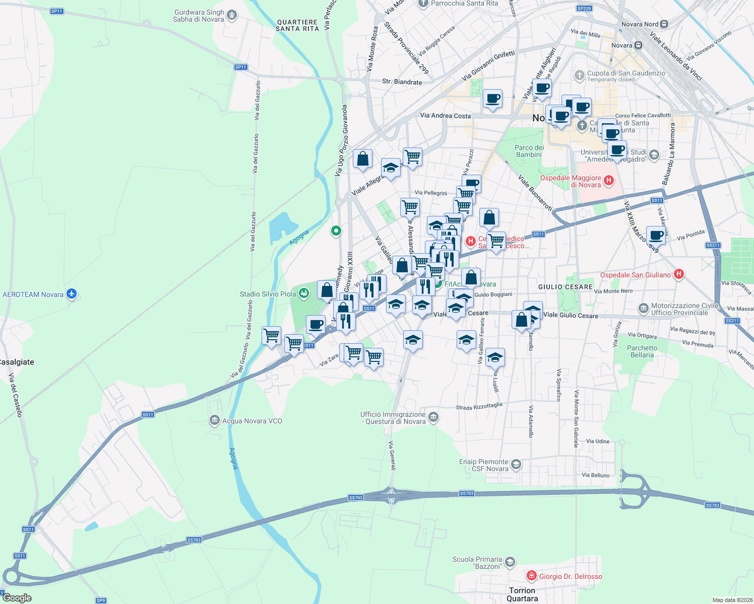 map of restaurants, bars, coffee shops, grocery stores, and more near 16 Via Fiume in Novara