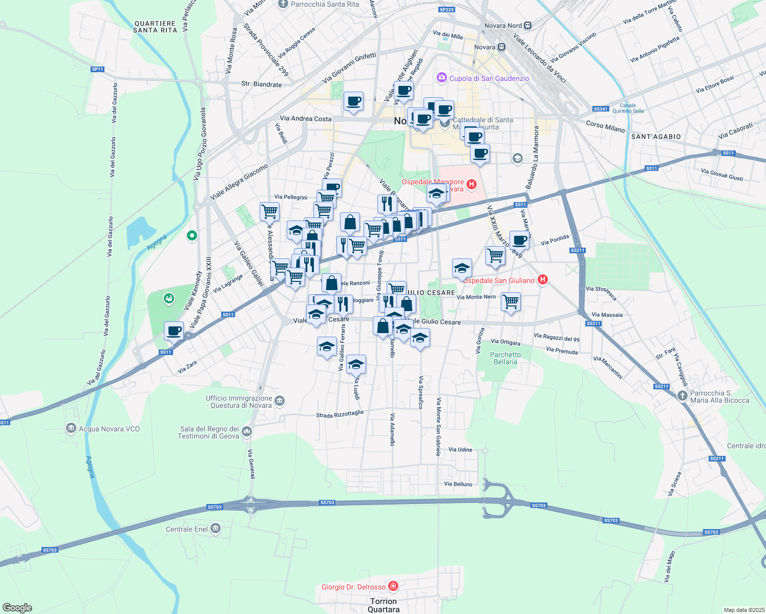 map of restaurants, bars, coffee shops, grocery stores, and more near 29 Via Giuseppe Torelli in Novara